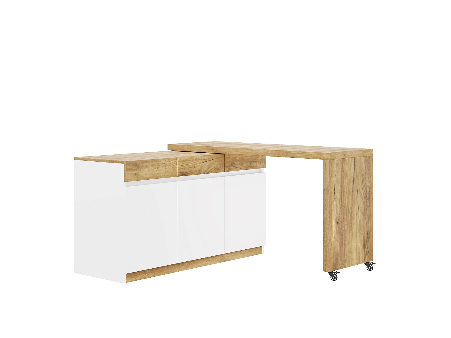 Bureau extensible avec roulettes - Plateau rotatif de 4 cm et dispositif de sécurité - 3 tiroirs et 3 portes - blanc+naturel
