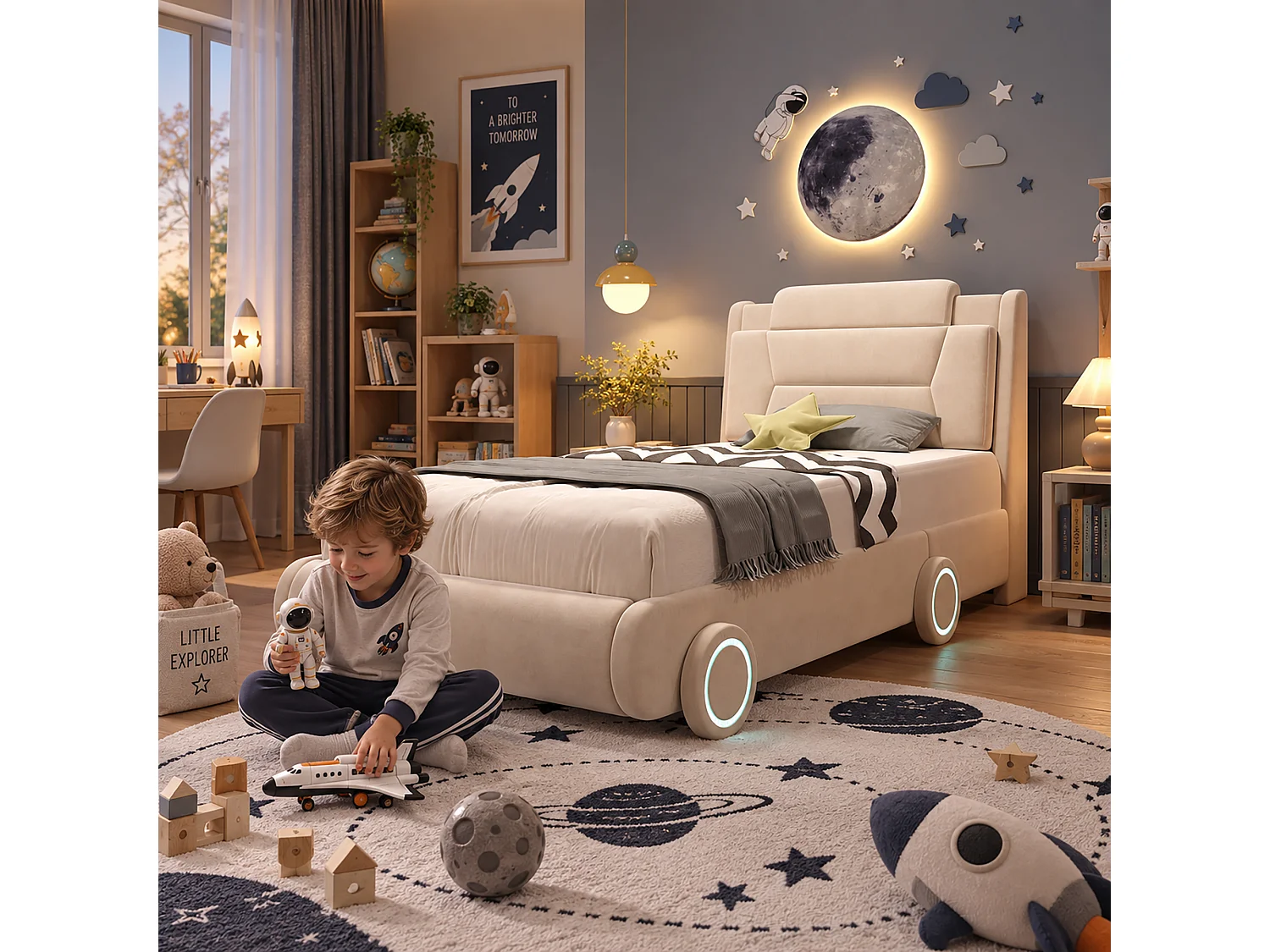 Upholstered bed for children 90x200cm - adjustable headboard height - with LED lighting - velvet fabric - Beige (without mattress)