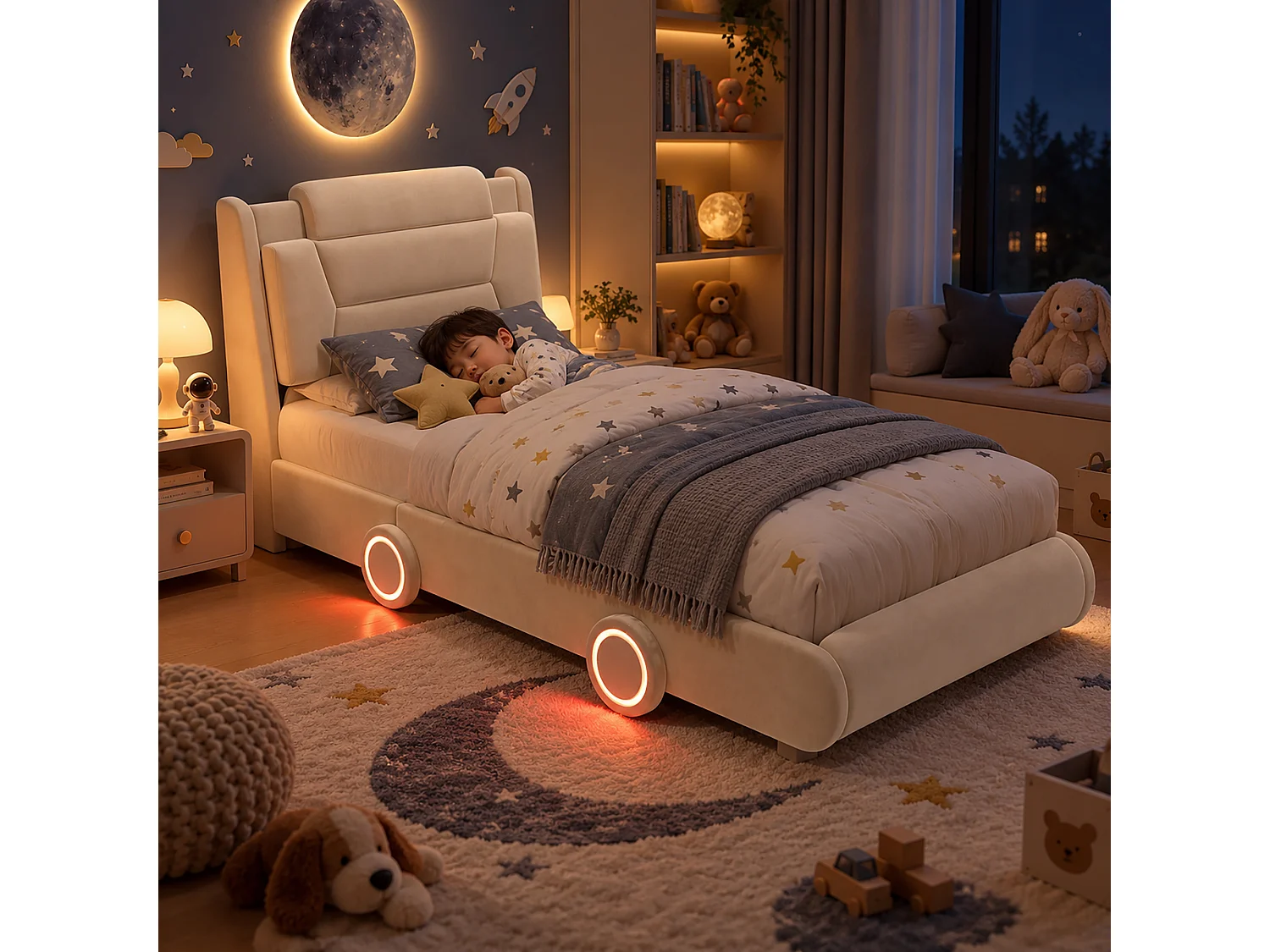 Upholstered bed for children 90x200cm - adjustable headboard height - with LED lighting - velvet fabric - Beige (without mattress)