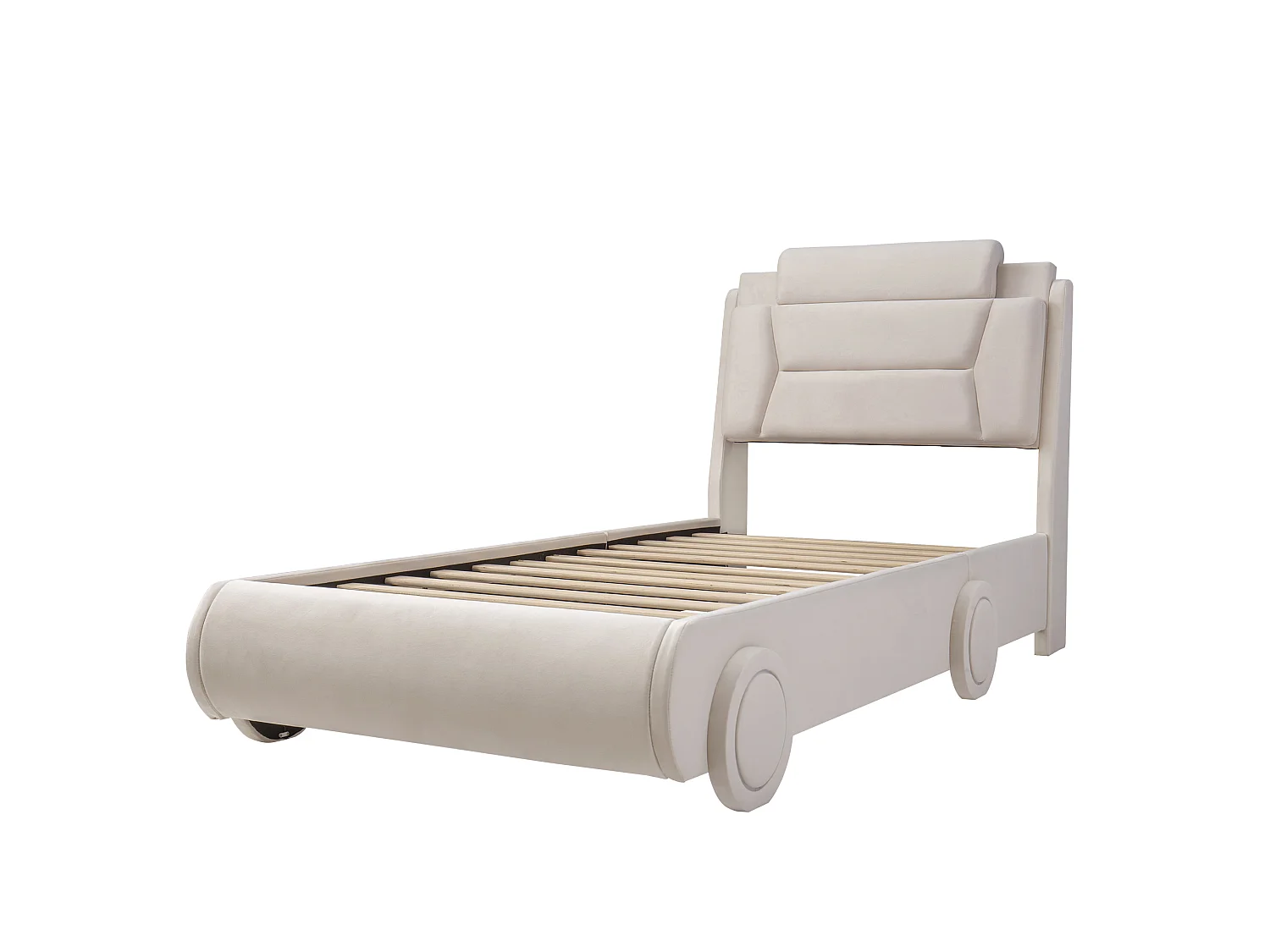 Upholstered bed for children 90x200cm - adjustable headboard height - with LED lighting - velvet fabric - Beige (without mattress)