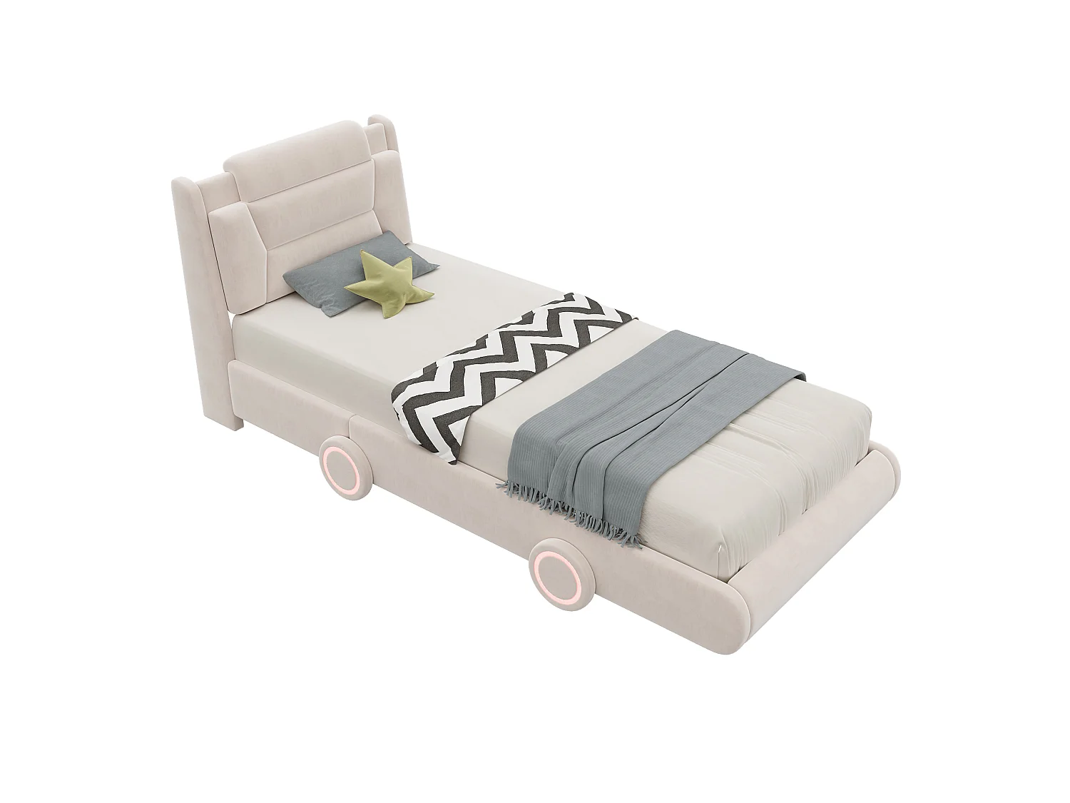 Upholstered bed for children 90x200cm - adjustable headboard height - with LED lighting - velvet fabric - Beige (without mattress)