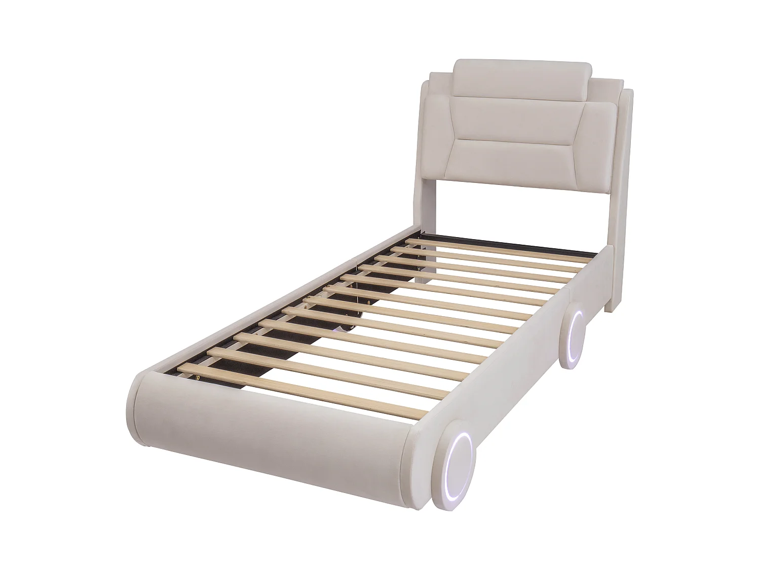 Upholstered bed for children 90x200cm - adjustable headboard height - with LED lighting - velvet fabric - Beige (without mattress)