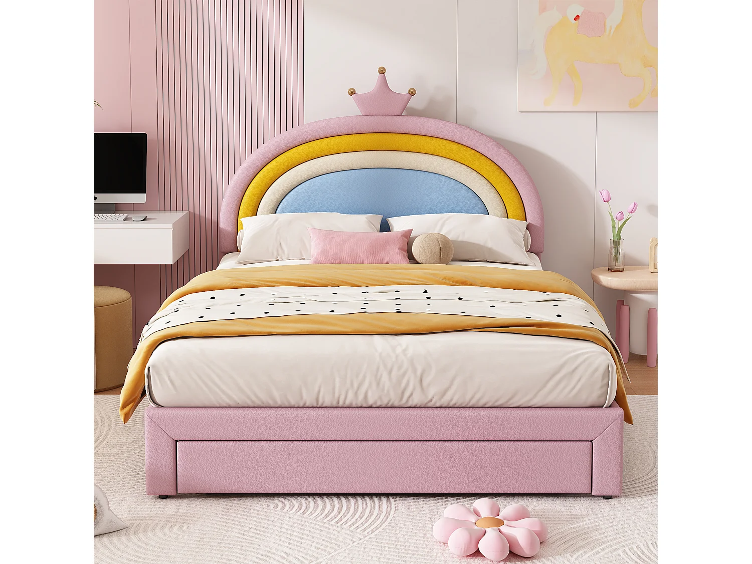 Lit rembourré pour enfants 140x200cm - avec 1 tiroir - tête de lit arc-en-ciel - hauteur de tête de lit réglable - PU - Rose (sans matelas)