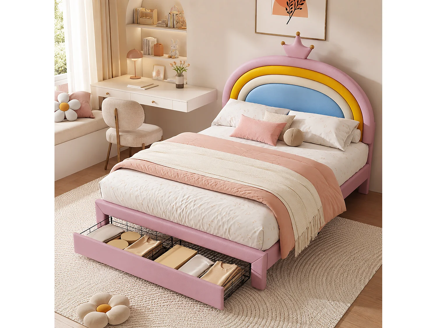 Lit rembourré pour enfants 140x200cm - avec 1 tiroir - tête de lit arc-en-ciel - hauteur de tête de lit réglable - PU - Rose (sans matelas)