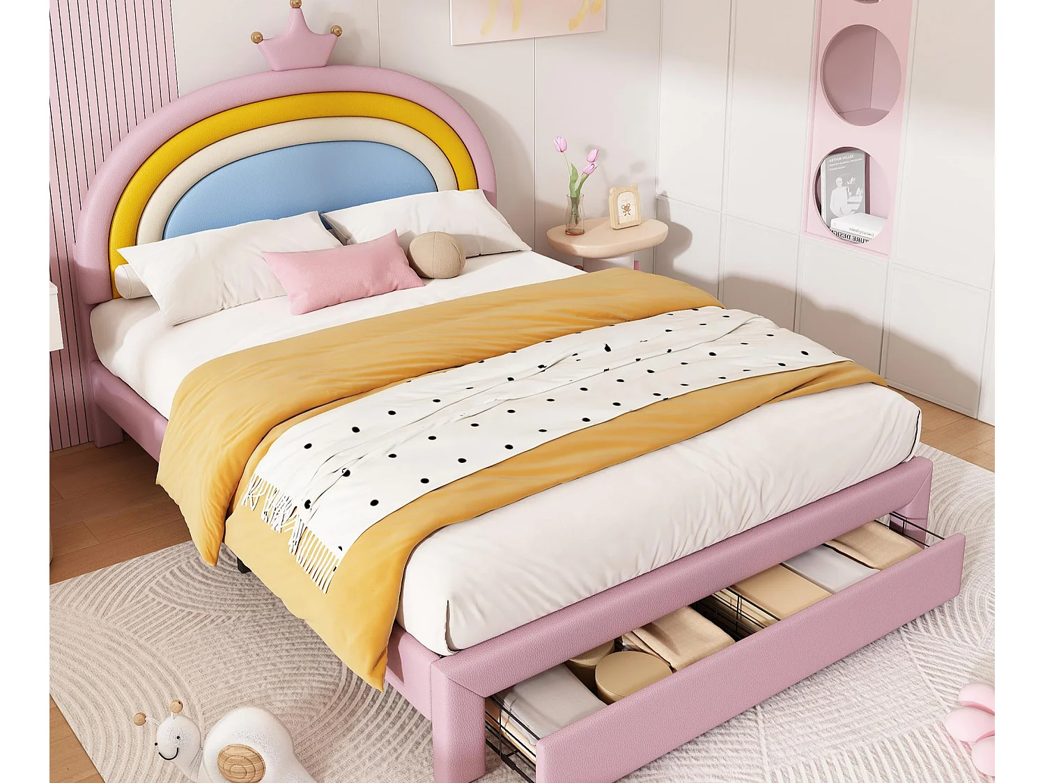 Lit rembourré pour enfants 140x200cm - avec 1 tiroir - tête de lit arc-en-ciel - hauteur de tête de lit réglable - PU - Rose (sans matelas)