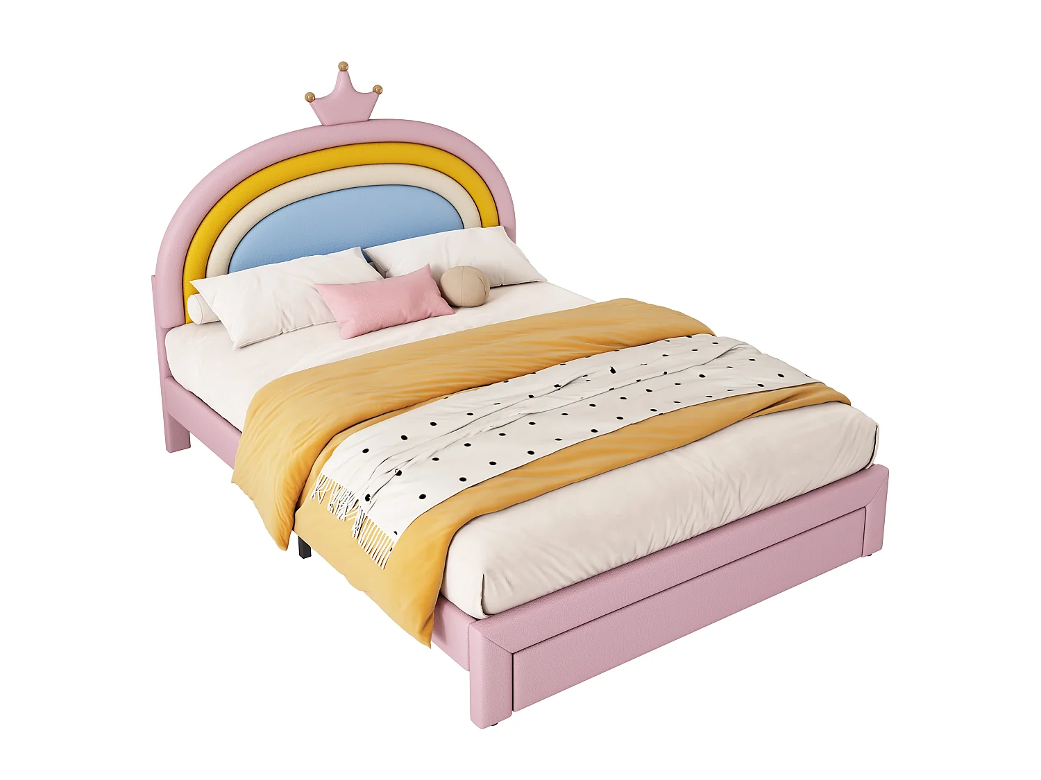 Lit rembourré pour enfants 140x200cm - avec 1 tiroir - tête de lit arc-en-ciel - hauteur de tête de lit réglable - PU - Rose (sans matelas)