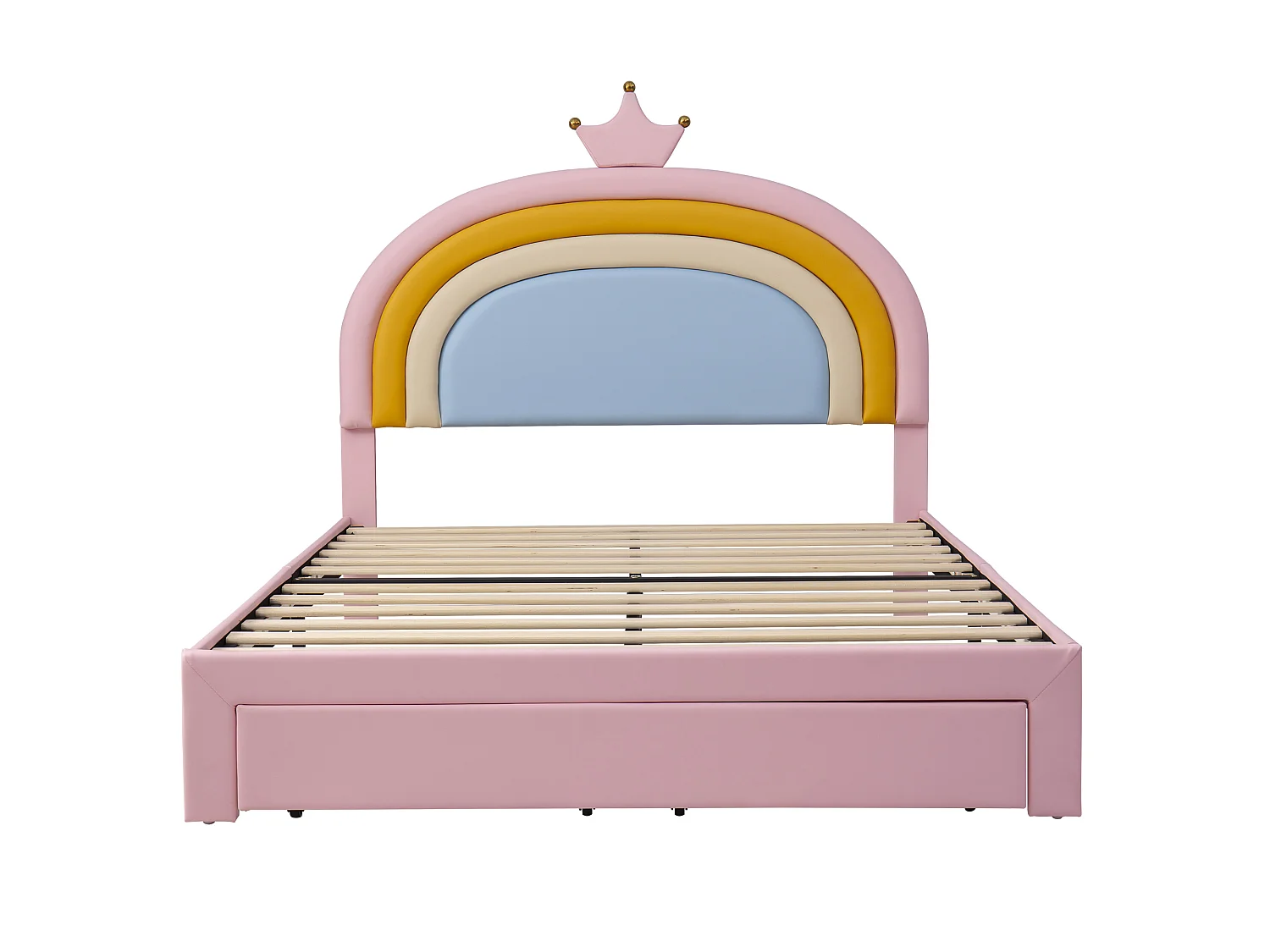 Lit rembourré pour enfants 140x200cm - avec 1 tiroir - tête de lit arc-en-ciel - hauteur de tête de lit réglable - PU - Rose (sans matelas)