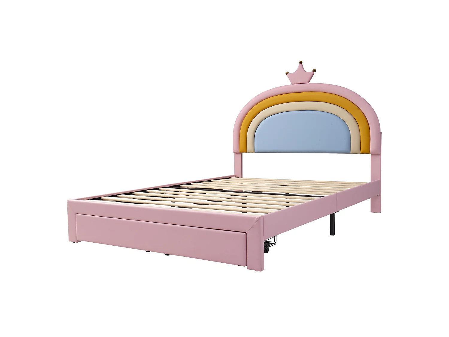 Lit rembourré pour enfants 140x200cm - avec 1 tiroir - tête de lit arc-en-ciel - hauteur de tête de lit réglable - PU - Rose (sans matelas)