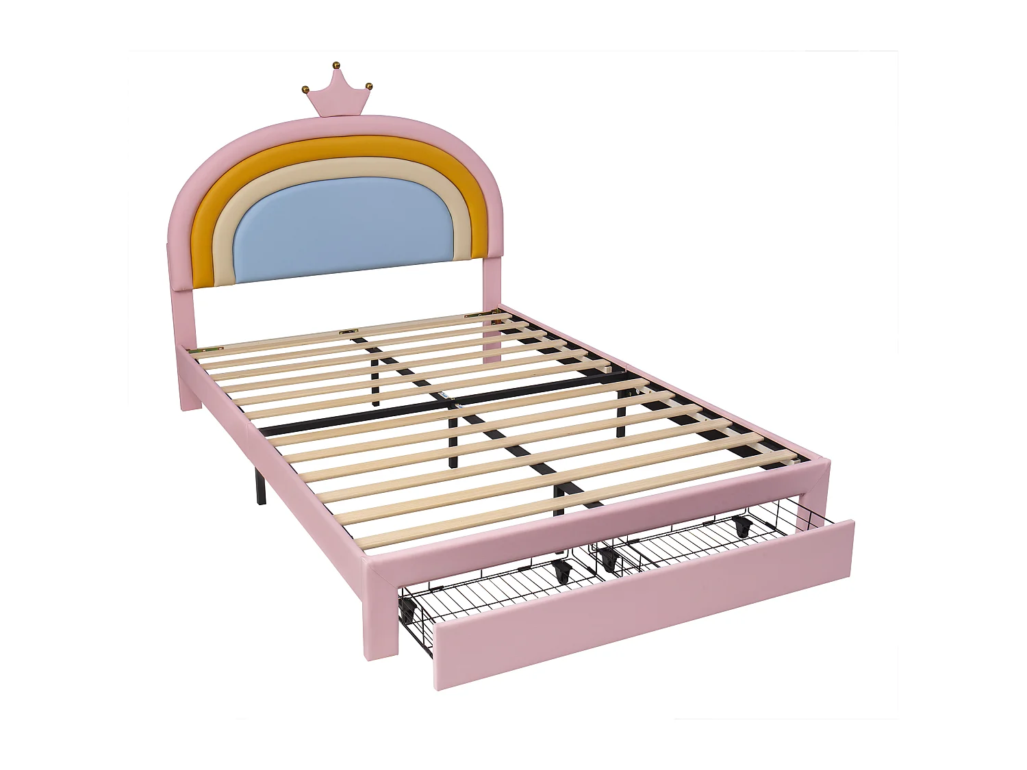 Lit rembourré pour enfants 140x200cm - avec 1 tiroir - tête de lit arc-en-ciel - hauteur de tête de lit réglable - PU - Rose (sans matelas)