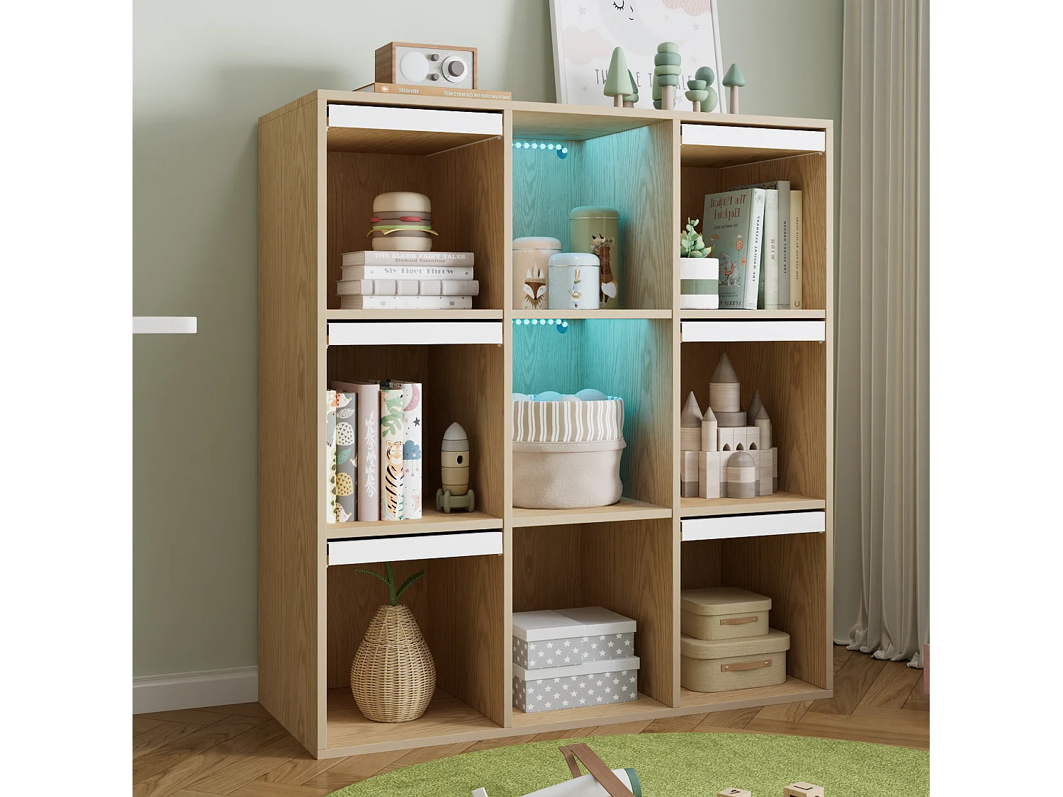 Meuble de rangement / Meuble à étagères pour enfants - avec éclairage LED - compartiment de rangement ouvert - ​​Naturel