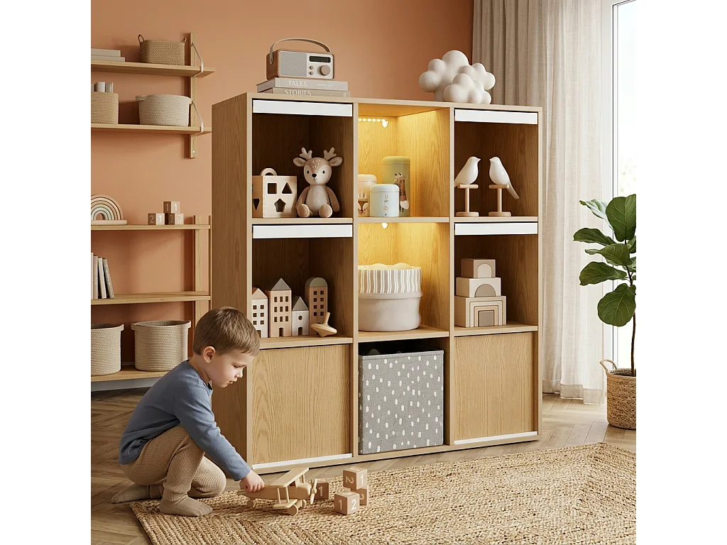 Meuble de rangement / Meuble à étagères pour enfants - avec éclairage LED - compartiment de rangement ouvert - ​​Naturel