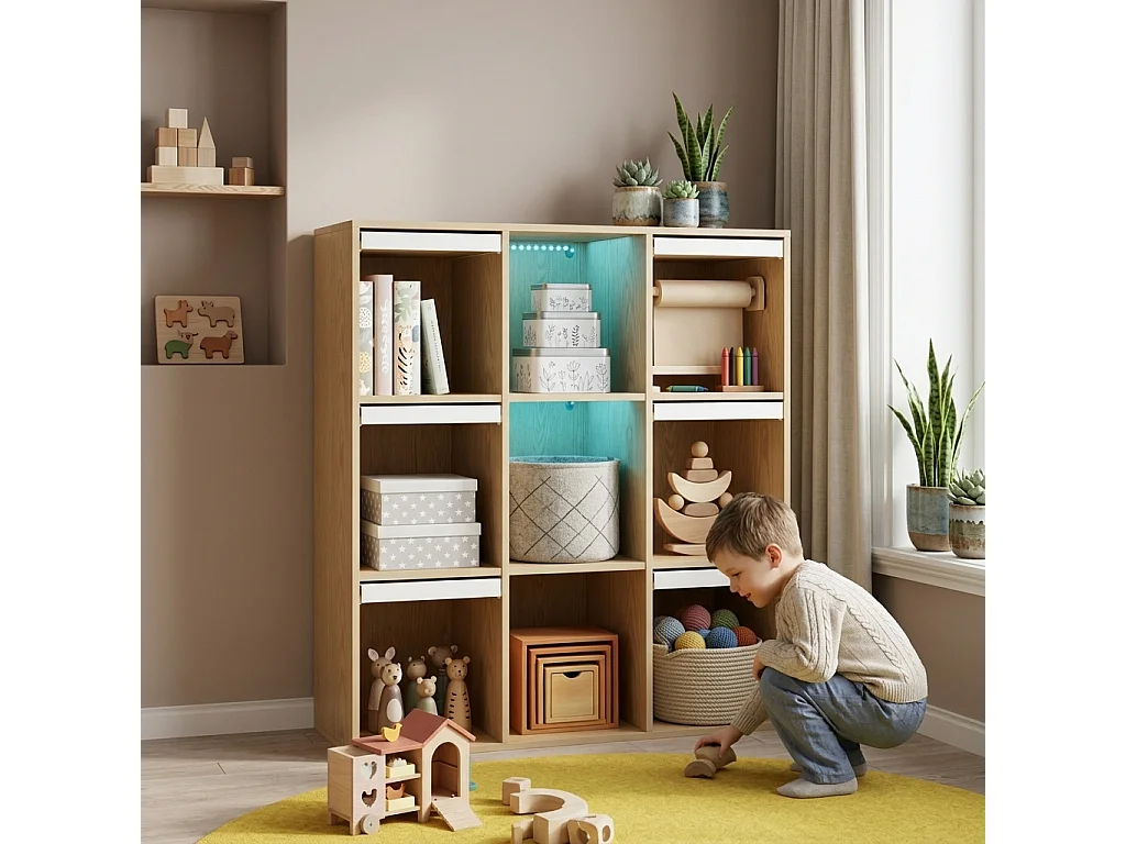 Meuble de rangement / Meuble à étagères pour enfants - avec éclairage LED - compartiment de rangement ouvert - ​​Naturel