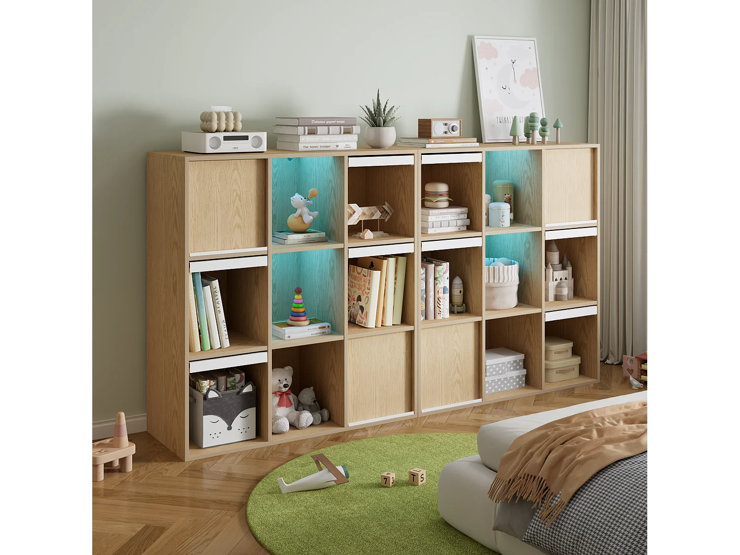 Meuble de rangement / Meuble à étagères pour enfants - avec éclairage LED - compartiment de rangement ouvert - ​​Naturel