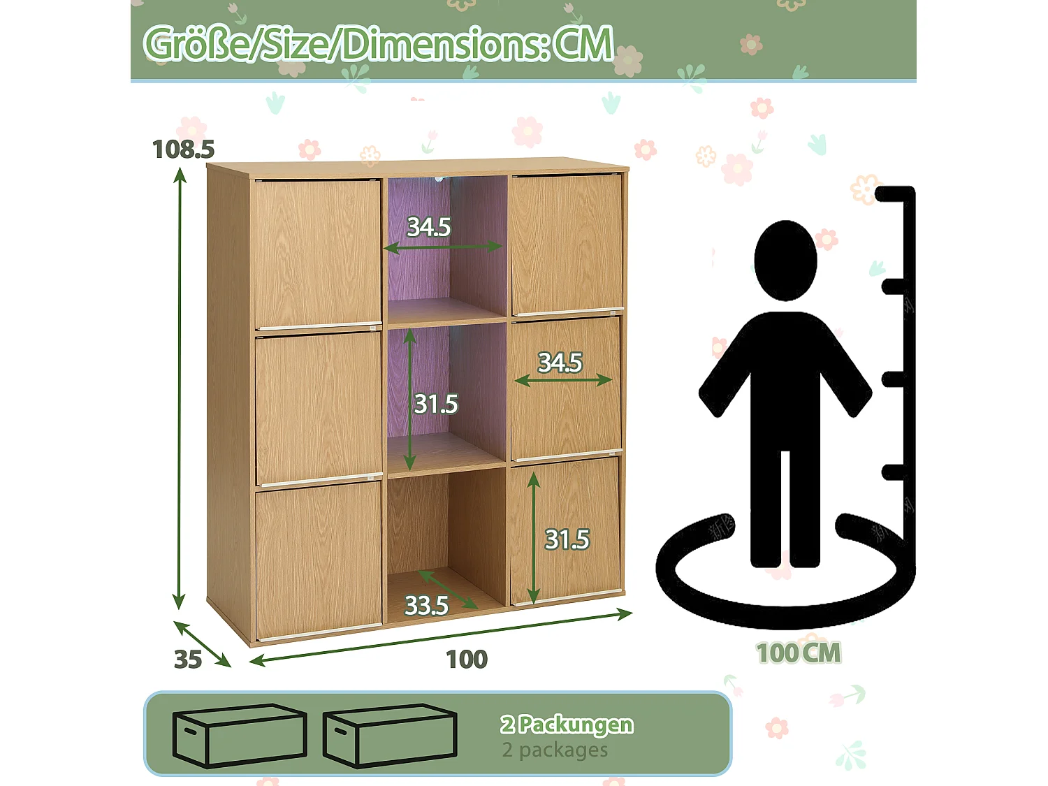 Meuble de rangement / Meuble à étagères pour enfants - avec éclairage LED - compartiment de rangement ouvert - ​​Naturel