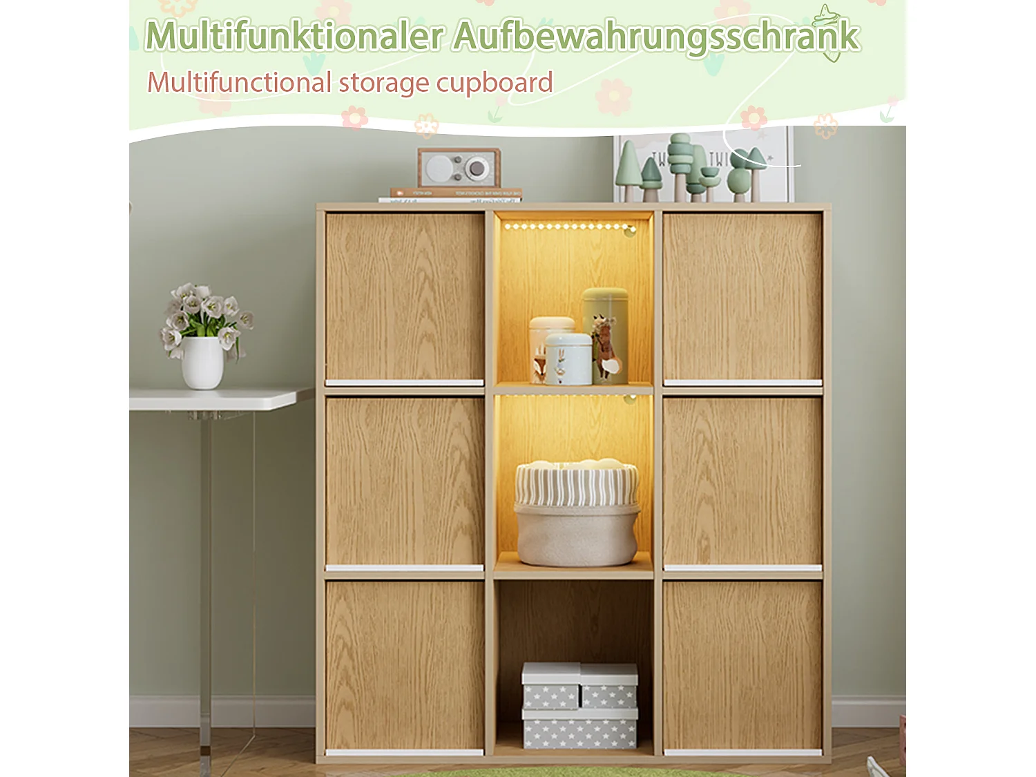 Meuble de rangement / Meuble à étagères pour enfants - avec éclairage LED - compartiment de rangement ouvert - ​​Naturel