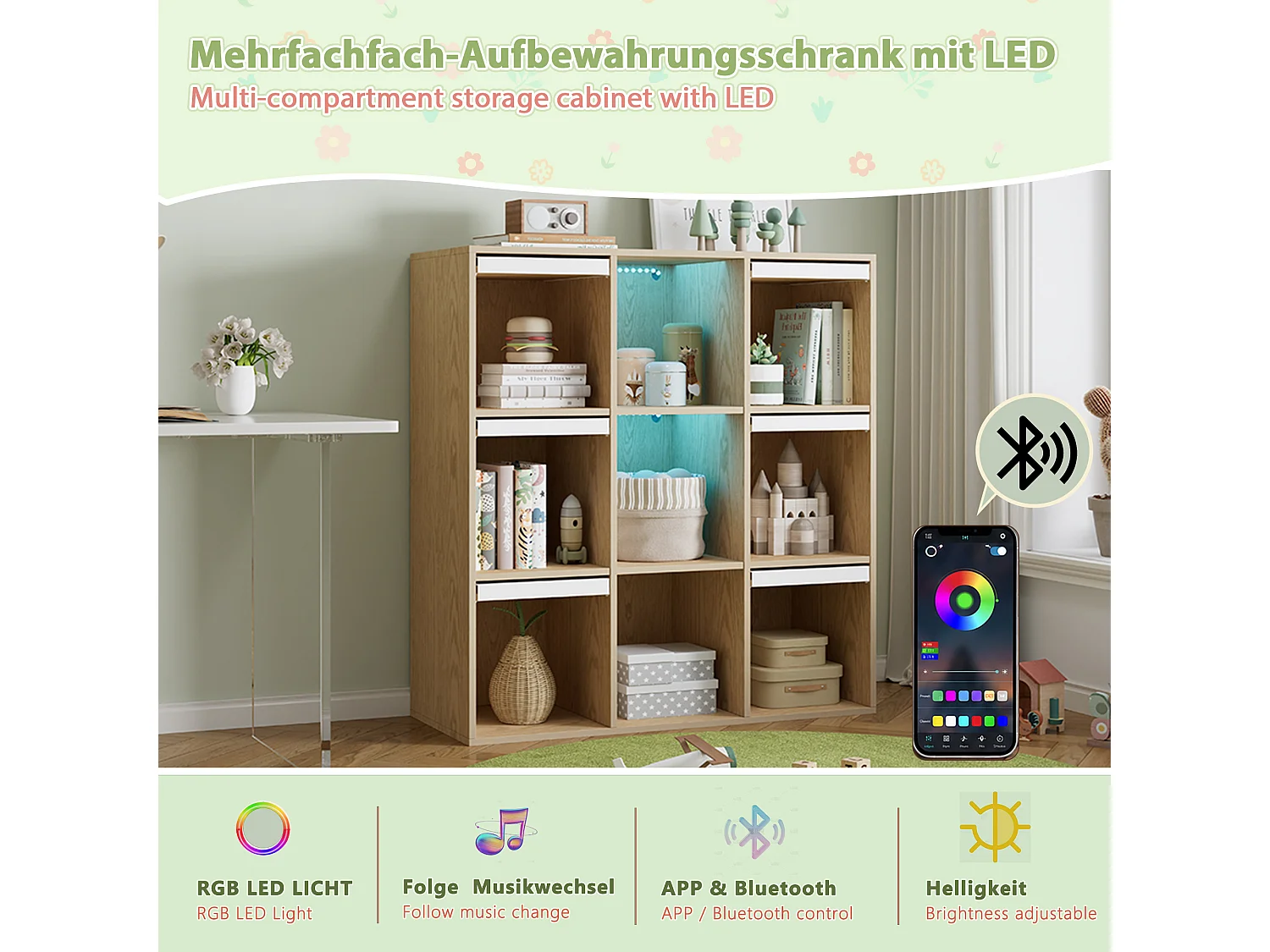Meuble de rangement / Meuble à étagères pour enfants - avec éclairage LED - compartiment de rangement ouvert - ​​Naturel