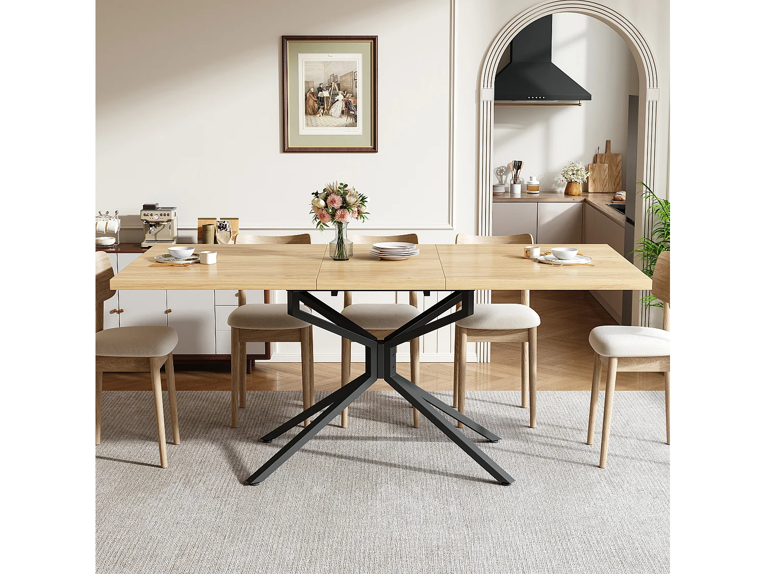 Ausziehbarer Esstisch für 4 bis 6 Personen, Sternfuß, verstellbare Füße – MDF und Metall – 120–160 x 90 x 75 cm – Eiche hell