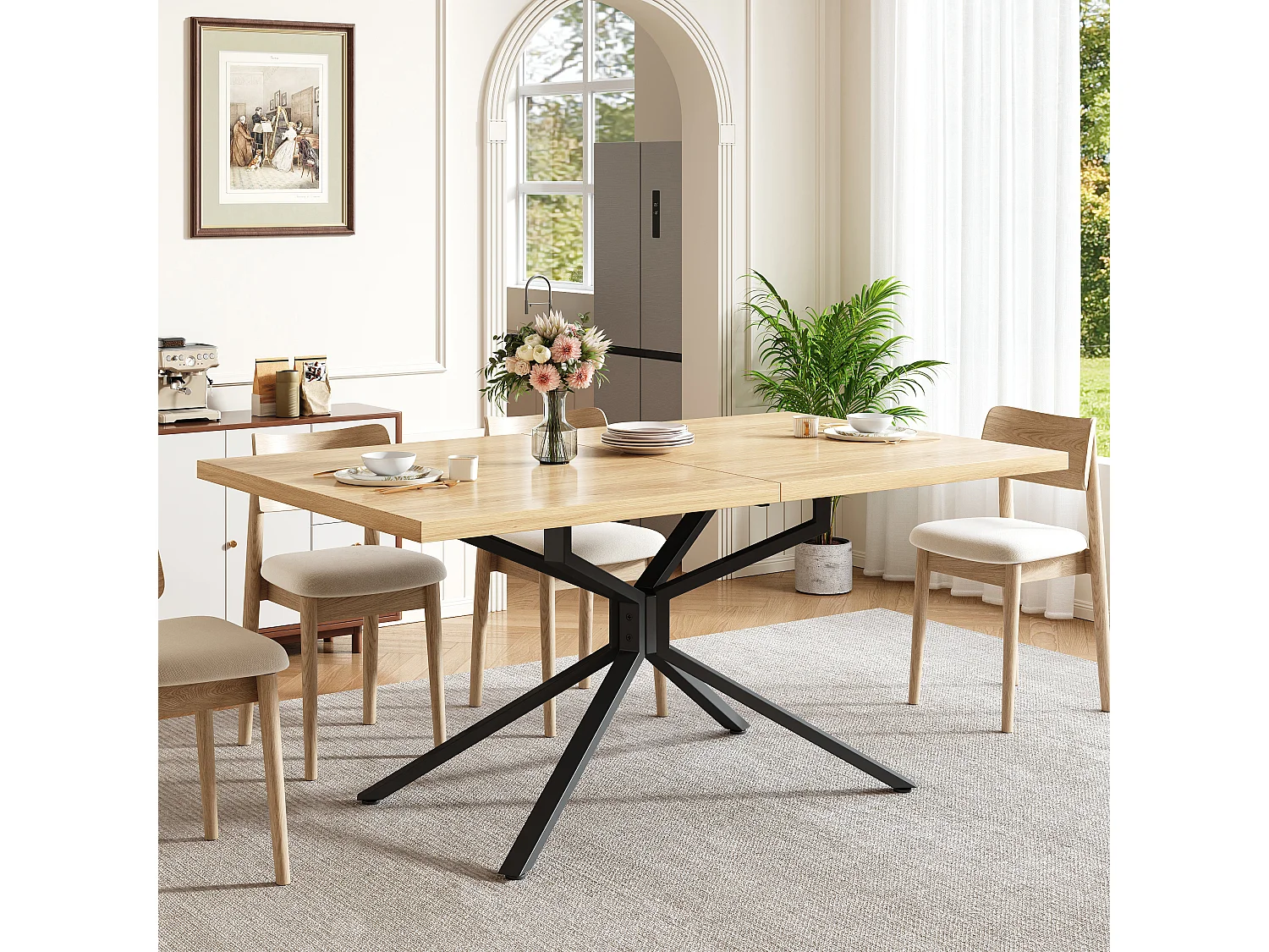 Ausziehbarer Esstisch für 4 bis 6 Personen, Sternfuß, verstellbare Füße – MDF und Metall – 120–160 x 90 x 75 cm – Eiche hell
