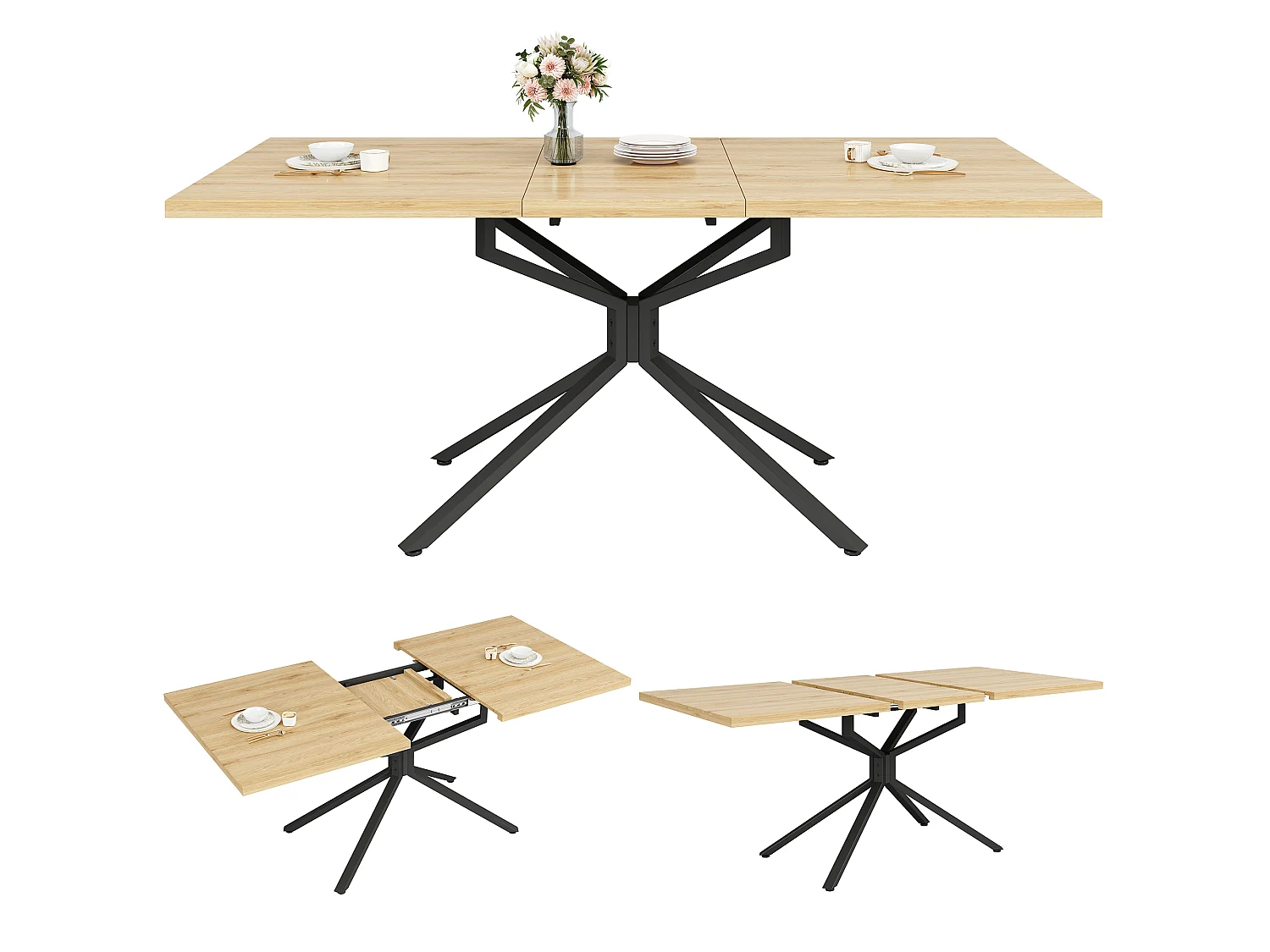 Ausziehbarer Esstisch für 4 bis 6 Personen, Sternfuß, verstellbare Füße – MDF und Metall – 120–160 x 90 x 75 cm – Eiche hell