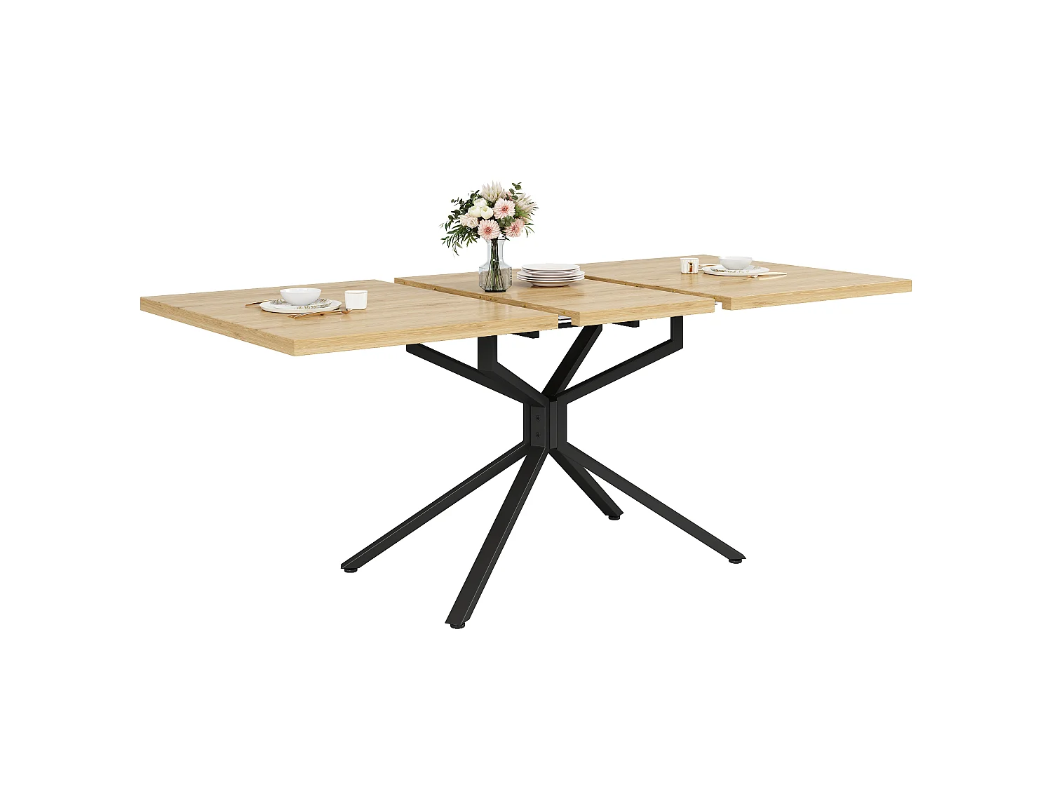 Ausziehbarer Esstisch für 4 bis 6 Personen, Sternfuß, verstellbare Füße – MDF und Metall – 120–160 x 90 x 75 cm – Eiche hell