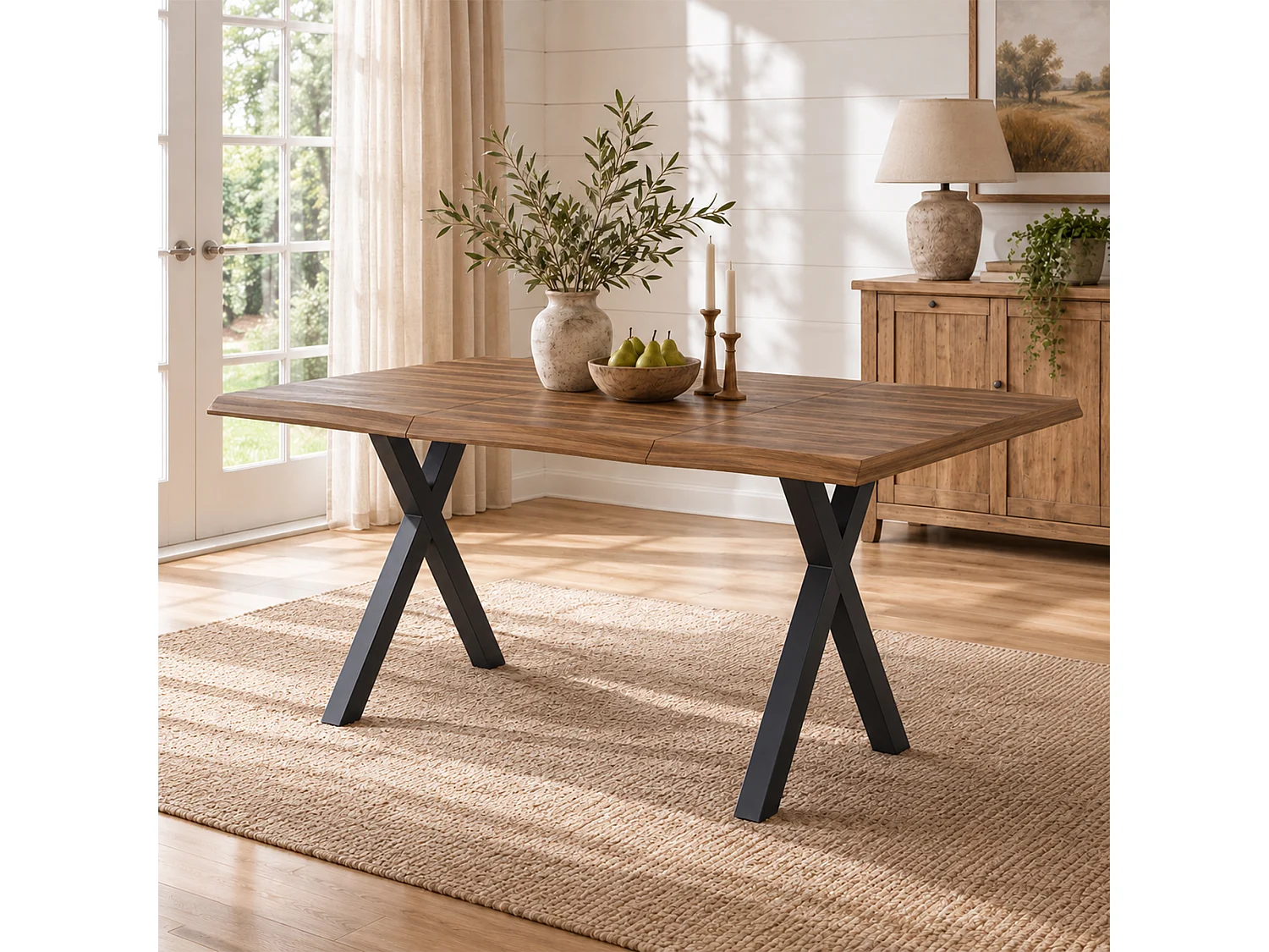 Dining table 160 x 78 x 75 cm - For 4 to 6 people - Thick wavy top - X-shaped metal legs - MDF - Brown