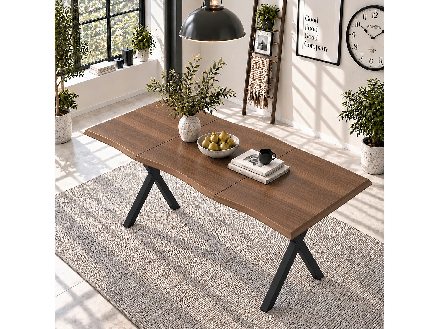 Dining table 160 x 78 x 75 cm - For 4 to 6 people - Thick wavy top - X-shaped metal legs - MDF - Brown