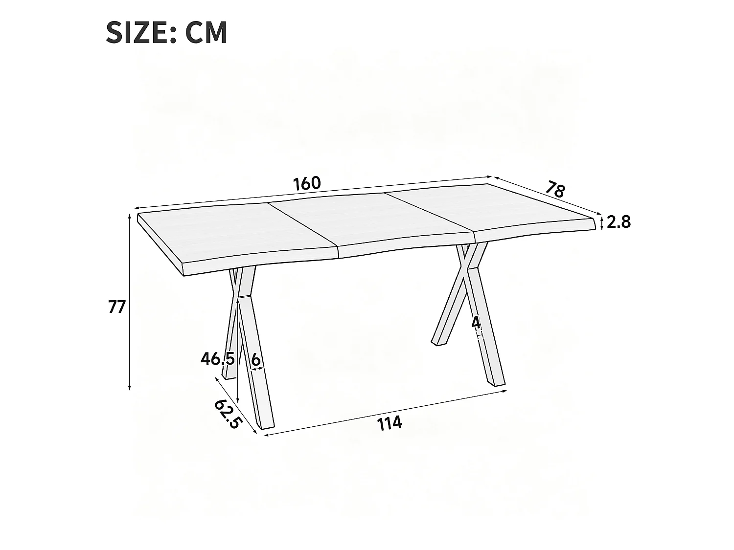 Dining table 160 x 78 x 75 cm - For 4 to 6 people - Thick wavy top - X-shaped metal legs - MDF - Brown