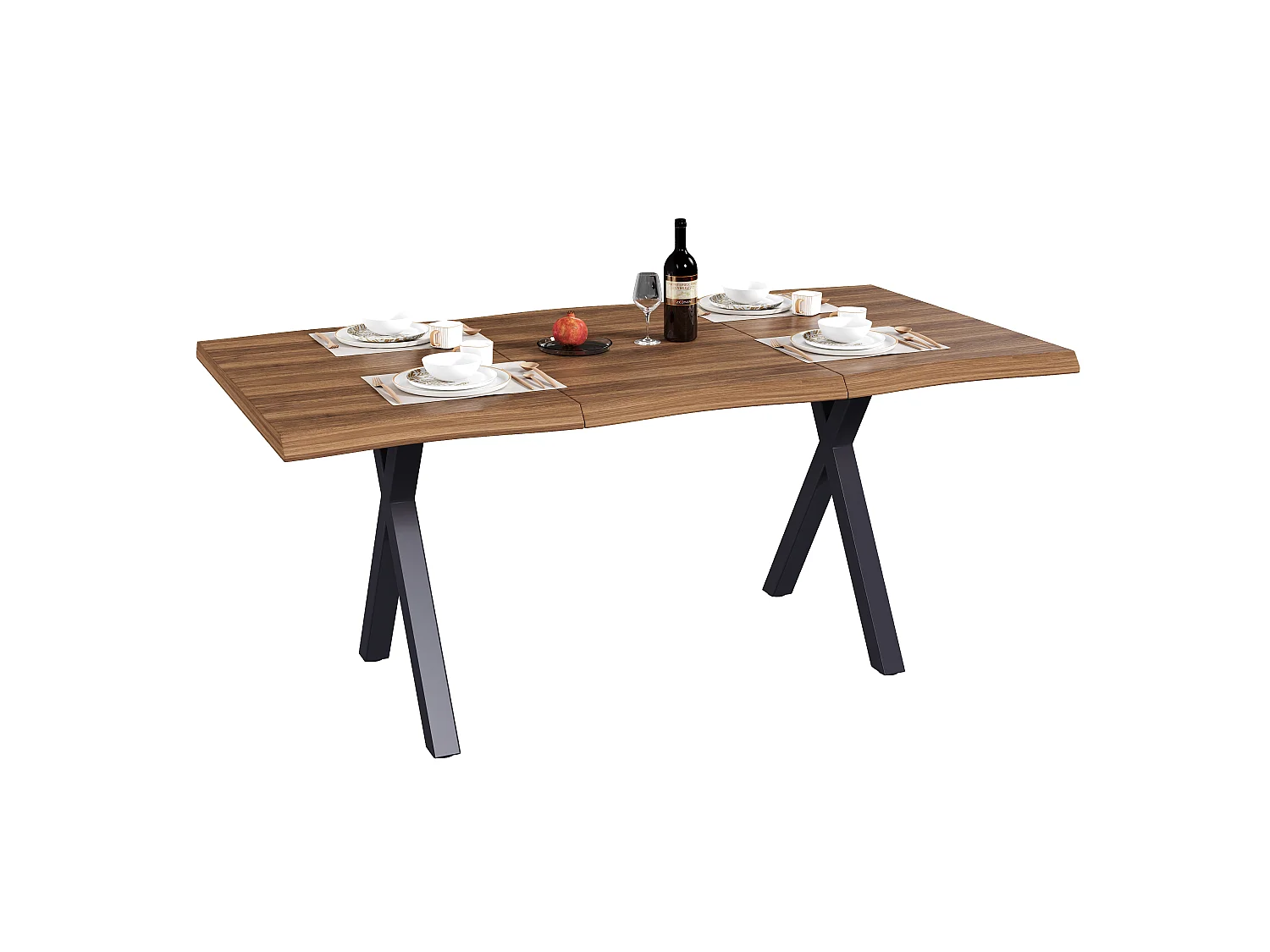 Dining table 160 x 78 x 75 cm - For 4 to 6 people - Thick wavy top - X-shaped metal legs - MDF - Brown