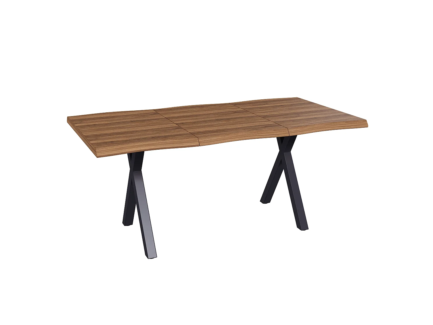 Dining table 160 x 78 x 75 cm - For 4 to 6 people - Thick wavy top - X-shaped metal legs - MDF - Brown