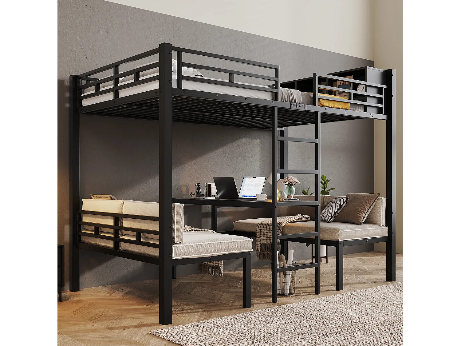 Lit superposé enfant 120x200 cm - avec échelle et compartiment de rangement - avec 2 sièges 60 x 120 cm - Noir (matelas et coussin d’assise non inclus)