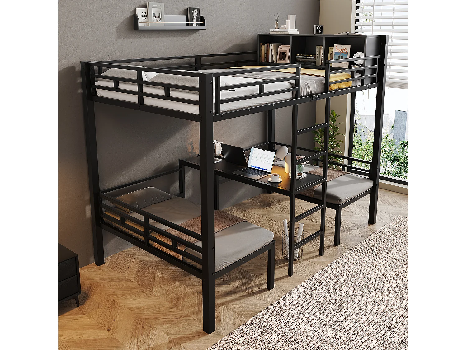 Lit superposé enfant 120x200 cm - avec échelle et compartiment de rangement - avec 2 sièges 60 x 120 cm - Noir (matelas et coussin d’assise non inclus)