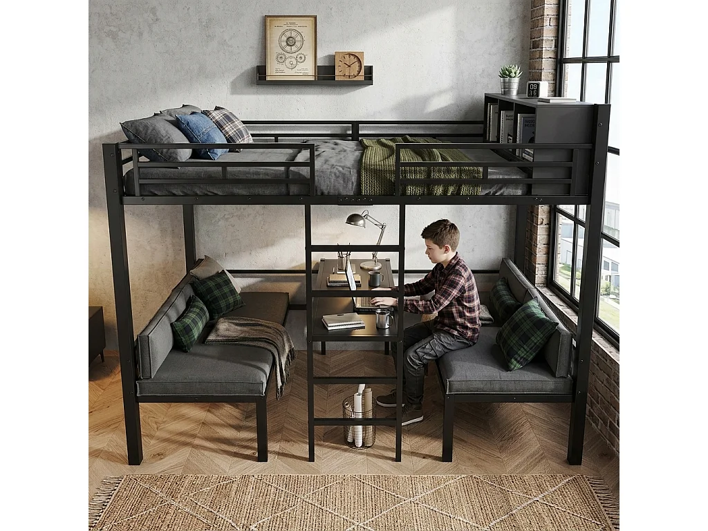 Lit superposé enfant 120x200 cm - avec échelle et compartiment de rangement - avec 2 sièges 60 x 120 cm - Noir (matelas et coussin d’assise non inclus)
