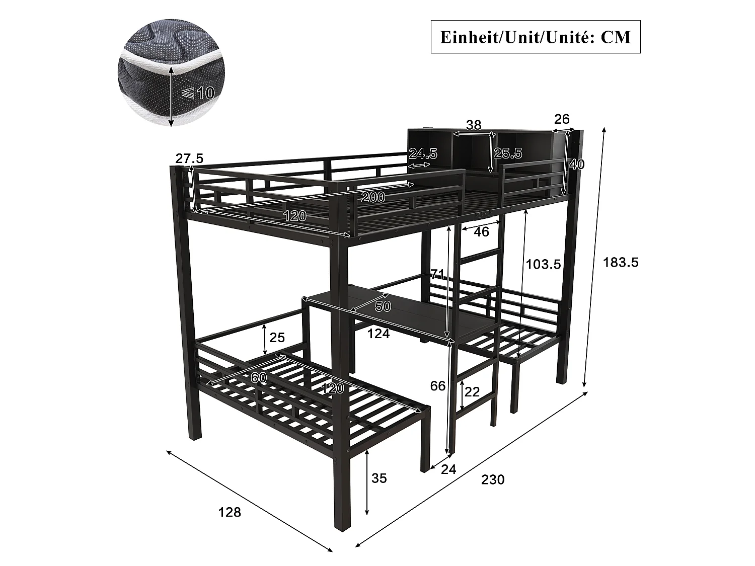 Lit superposé enfant 120x200 cm - avec échelle et compartiment de rangement - avec 2 sièges 60 x 120 cm - Noir (matelas et coussin d’assise non inclus)
