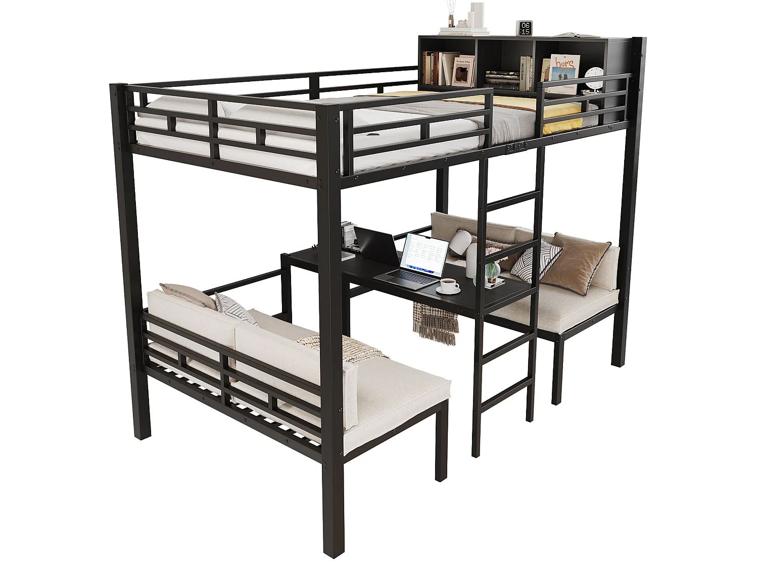 Lit superposé enfant 120x200 cm - avec échelle et compartiment de rangement - avec 2 sièges 60 x 120 cm - Noir (matelas et coussin d’assise non inclus)