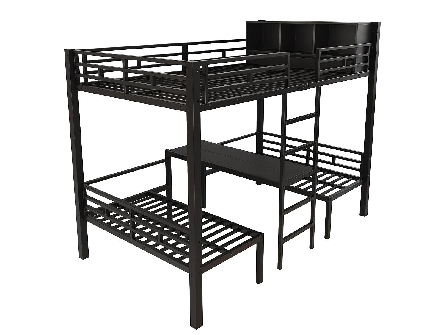 Lit superposé enfant 120x200 cm - avec échelle et compartiment de rangement - avec 2 sièges 60 x 120 cm - Noir (matelas et coussin d’assise non inclus)