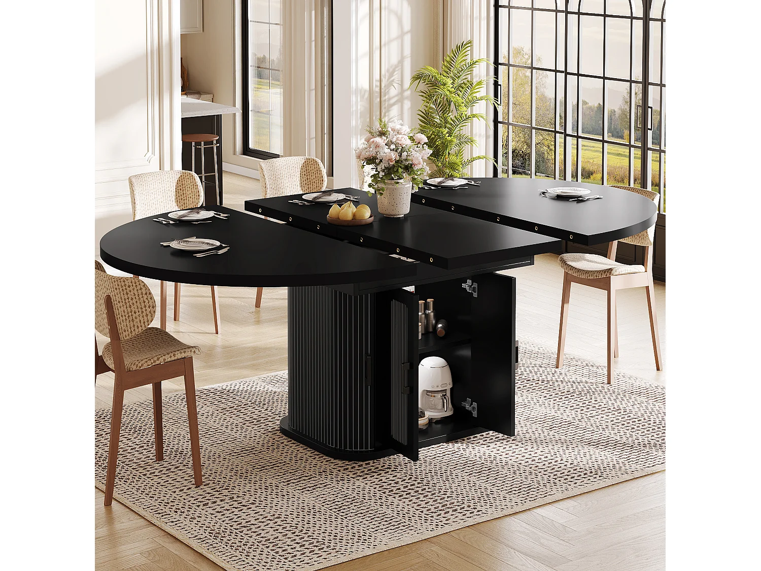 Ausziehbarer runder Esstisch für 2 bis 6 Personen mit 4 Türen und verstellbaren Einlegeböden – MDF und Metall – 118–158 x 118 x 76 cm – Schwarz