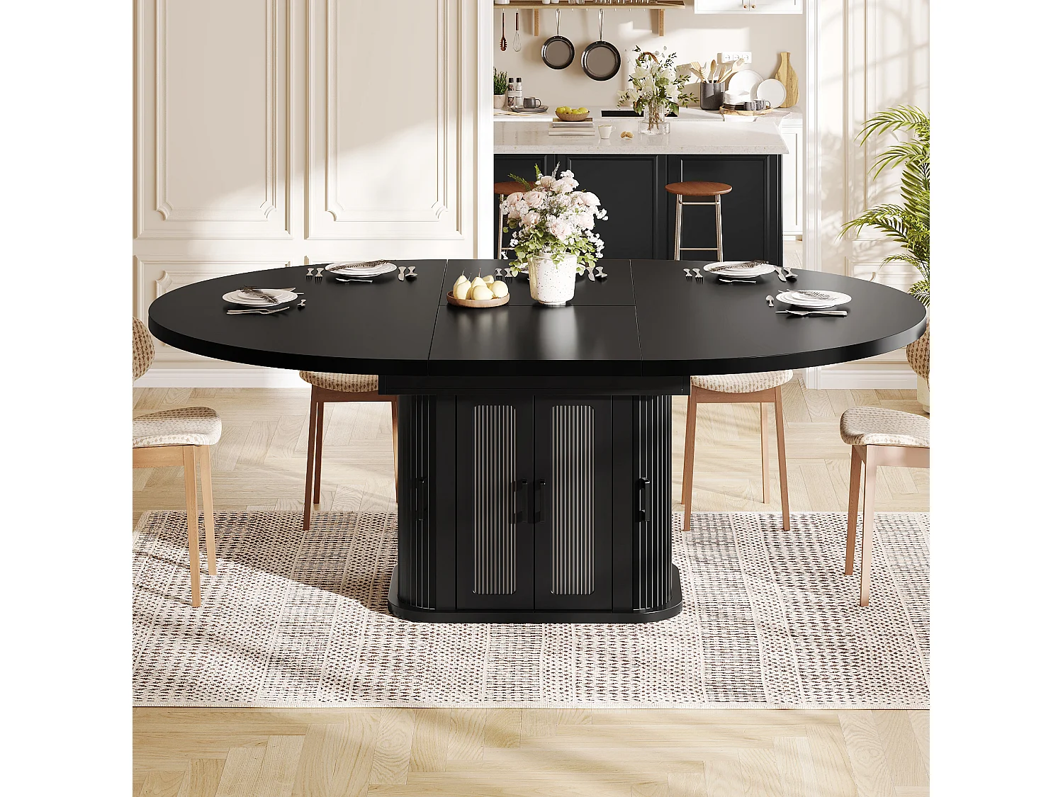 Ausziehbarer runder Esstisch für 2 bis 6 Personen mit 4 Türen und verstellbaren Einlegeböden – MDF und Metall – 118–158 x 118 x 76 cm – Schwarz
