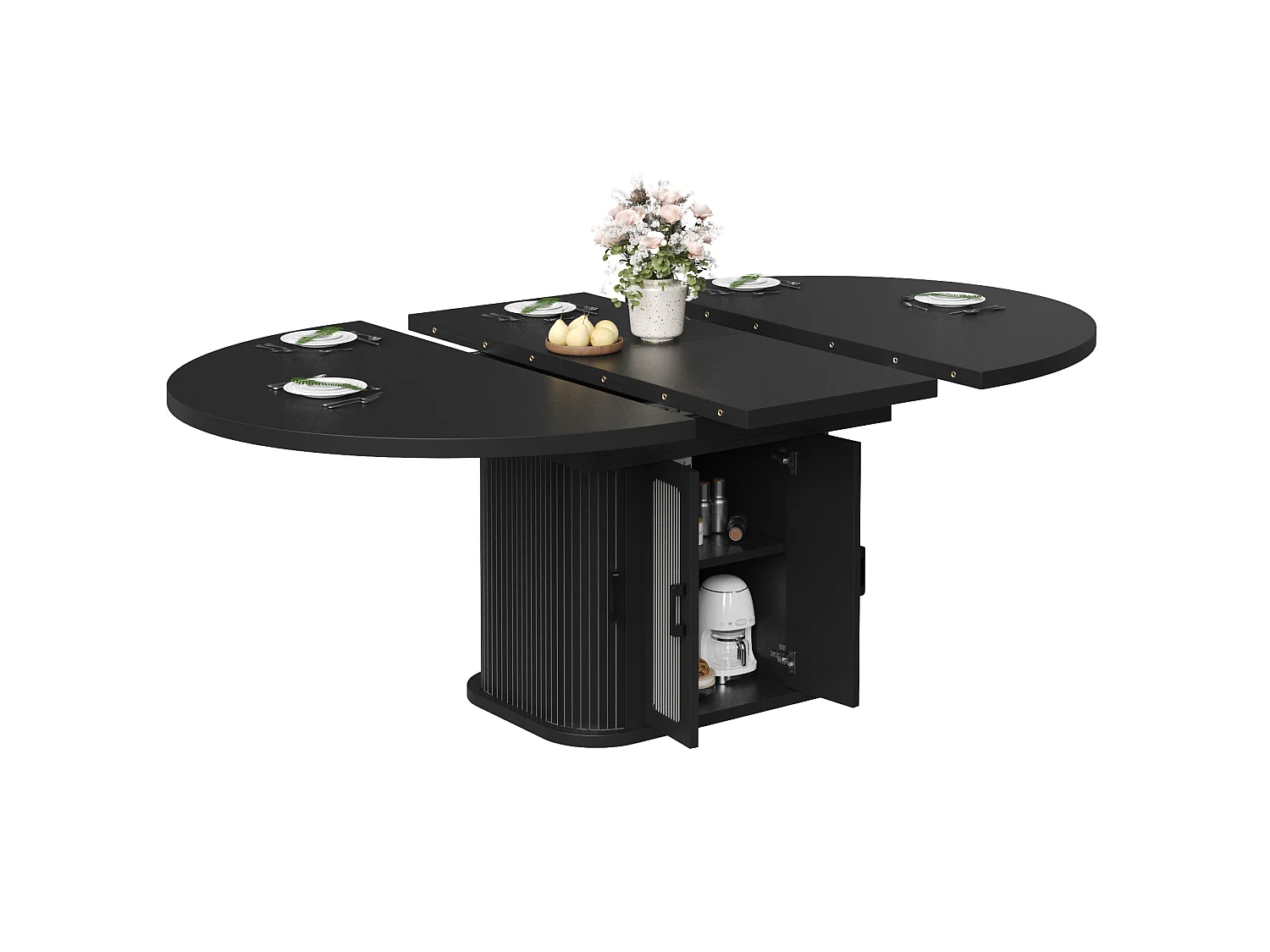 Ausziehbarer runder Esstisch für 2 bis 6 Personen mit 4 Türen und verstellbaren Einlegeböden – MDF und Metall – 118–158 x 118 x 76 cm – Schwarz