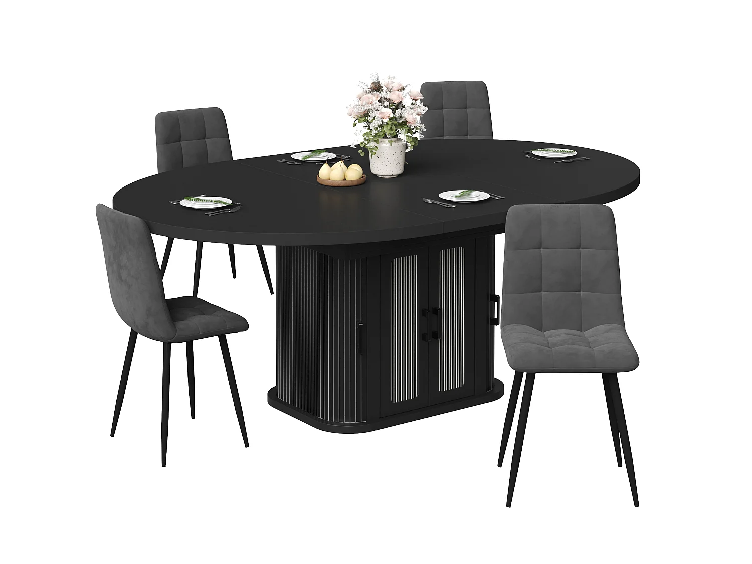 Ausziehbarer runder Esstisch für 2 bis 6 Personen mit 4 Türen und verstellbaren Einlegeböden – MDF und Metall – 118–158 x 118 x 76 cm – Schwarz