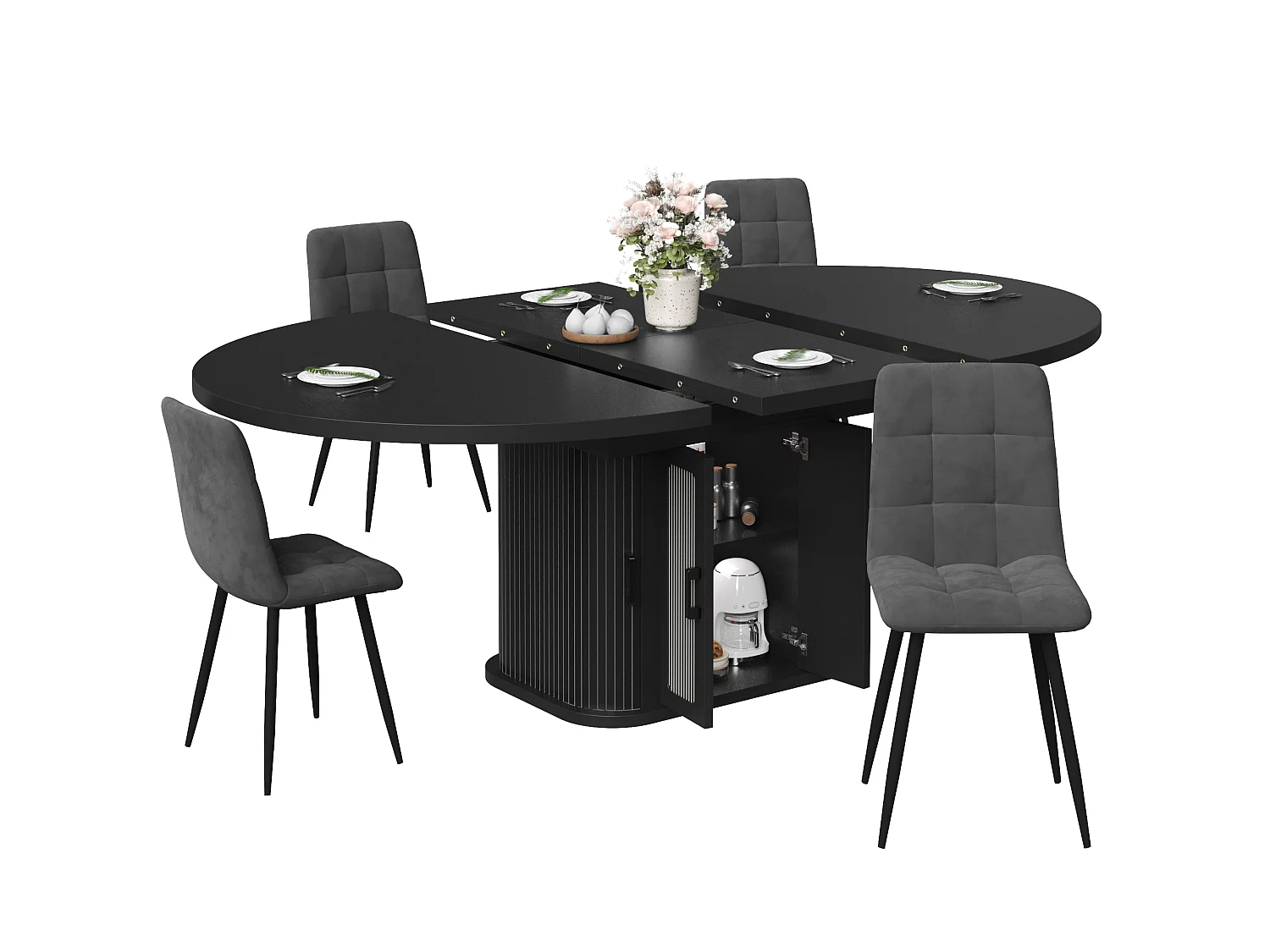 Ausziehbarer runder Esstisch für 2 bis 6 Personen mit 4 Türen und verstellbaren Einlegeböden – MDF und Metall – 118–158 x 118 x 76 cm – Schwarz
