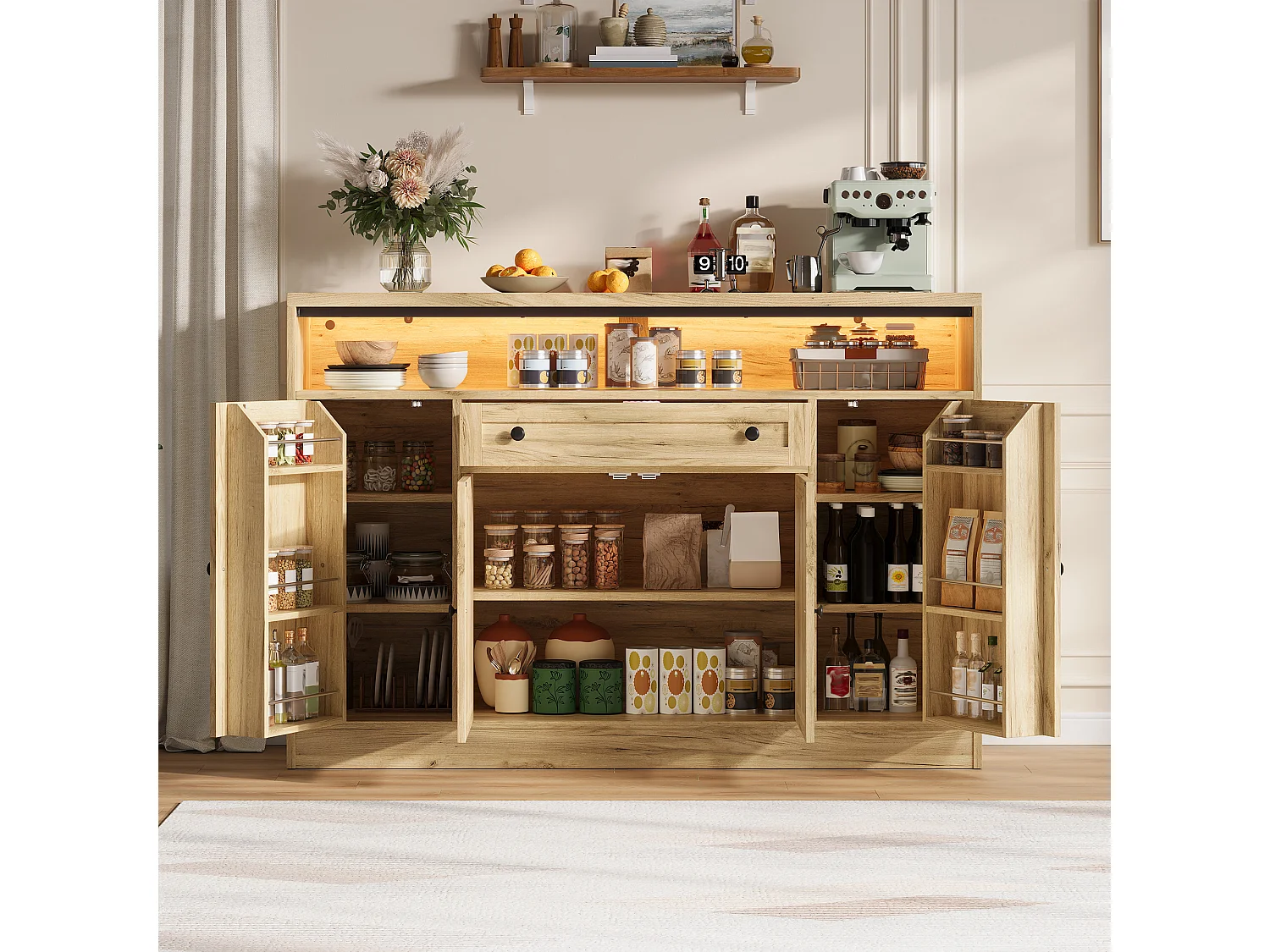 Buffet style grange 140x35x95cm - avec éclairage LED - avec 4 portes et 1 tiroir - étagères ouvertes - Naturel