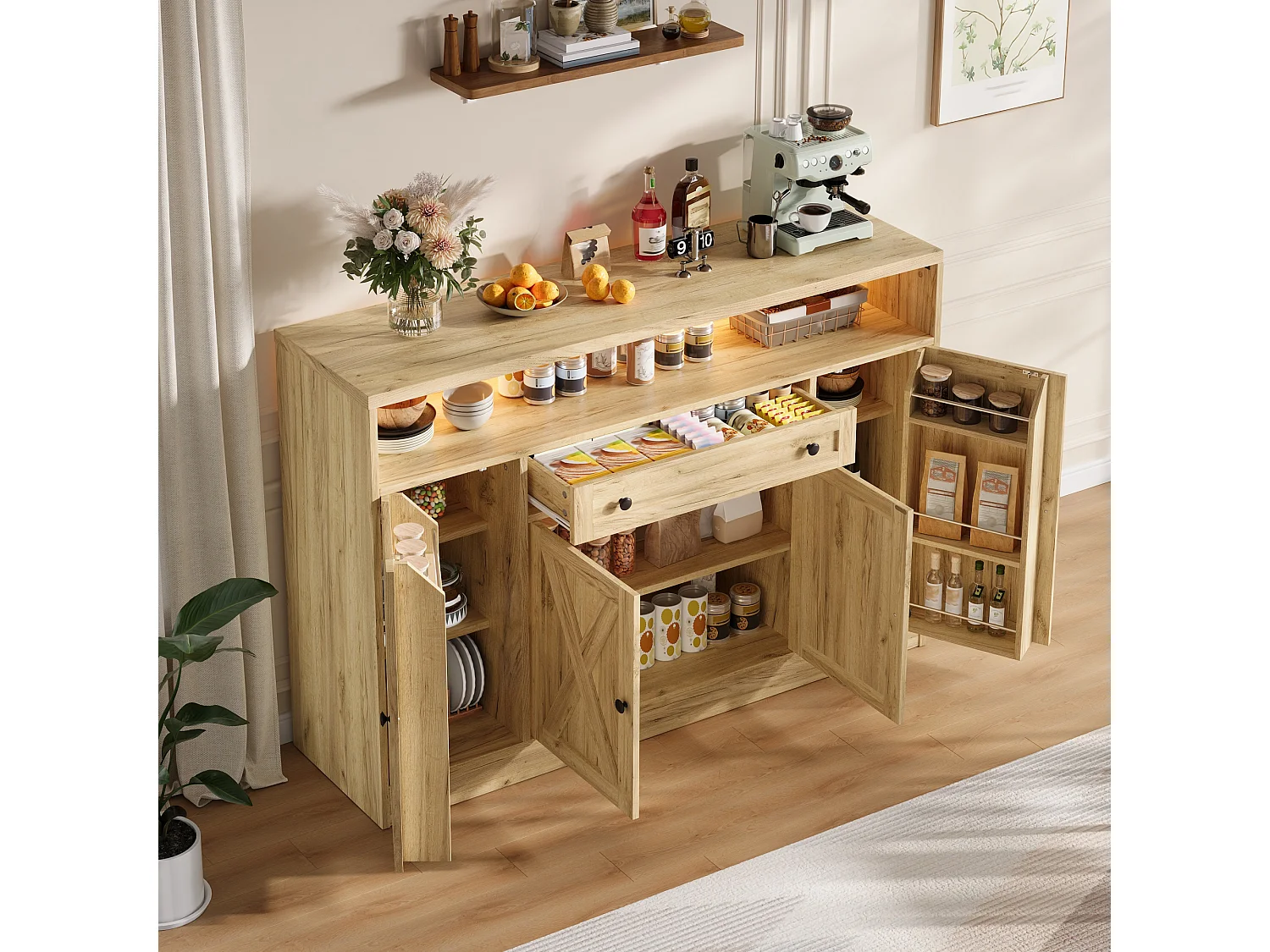 Buffet style grange 140x35x95cm - avec éclairage LED - avec 4 portes et 1 tiroir - étagères ouvertes - Naturel