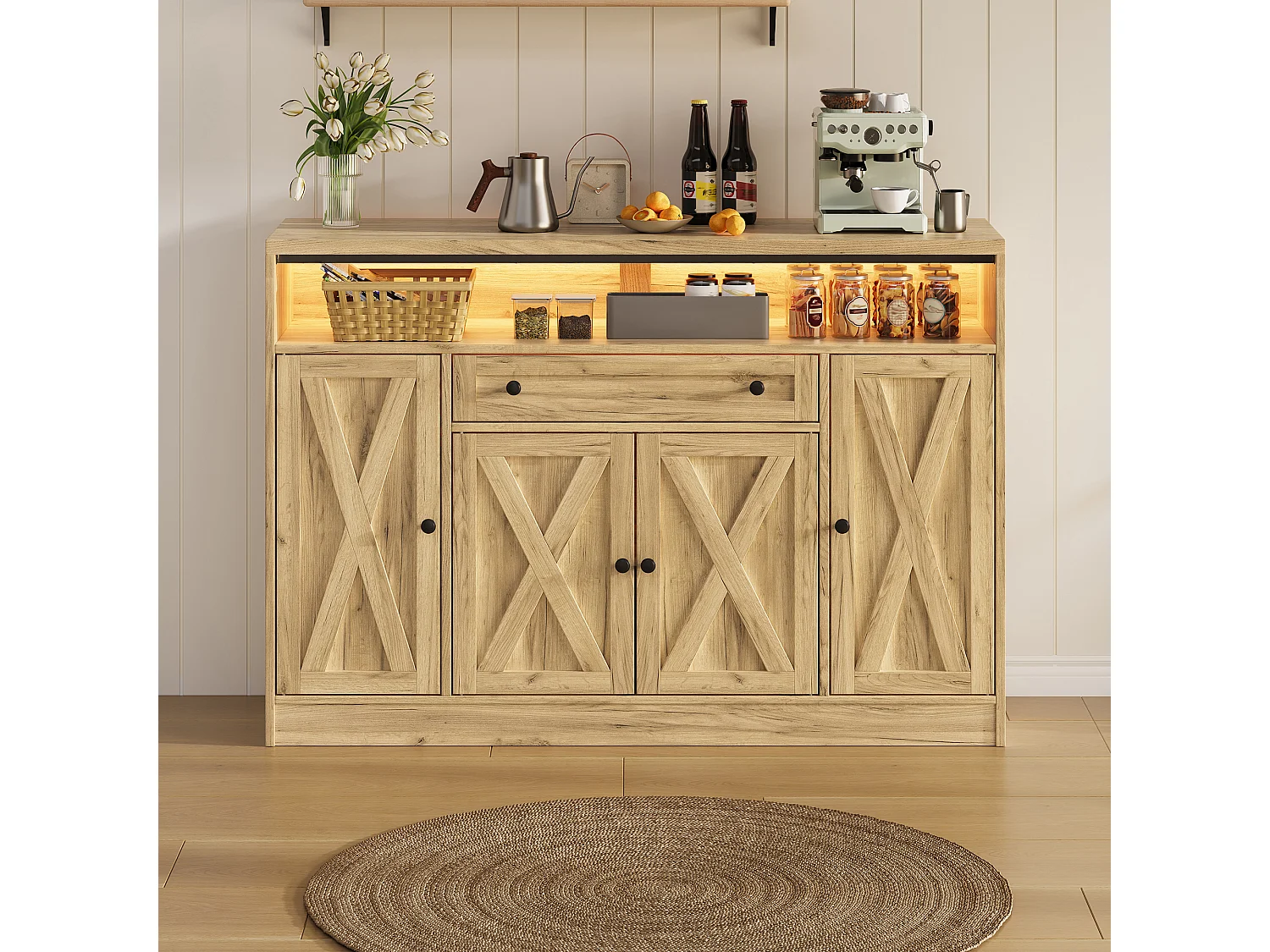 Buffet style grange 140x35x95cm - avec éclairage LED - avec 4 portes et 1 tiroir - étagères ouvertes - Naturel