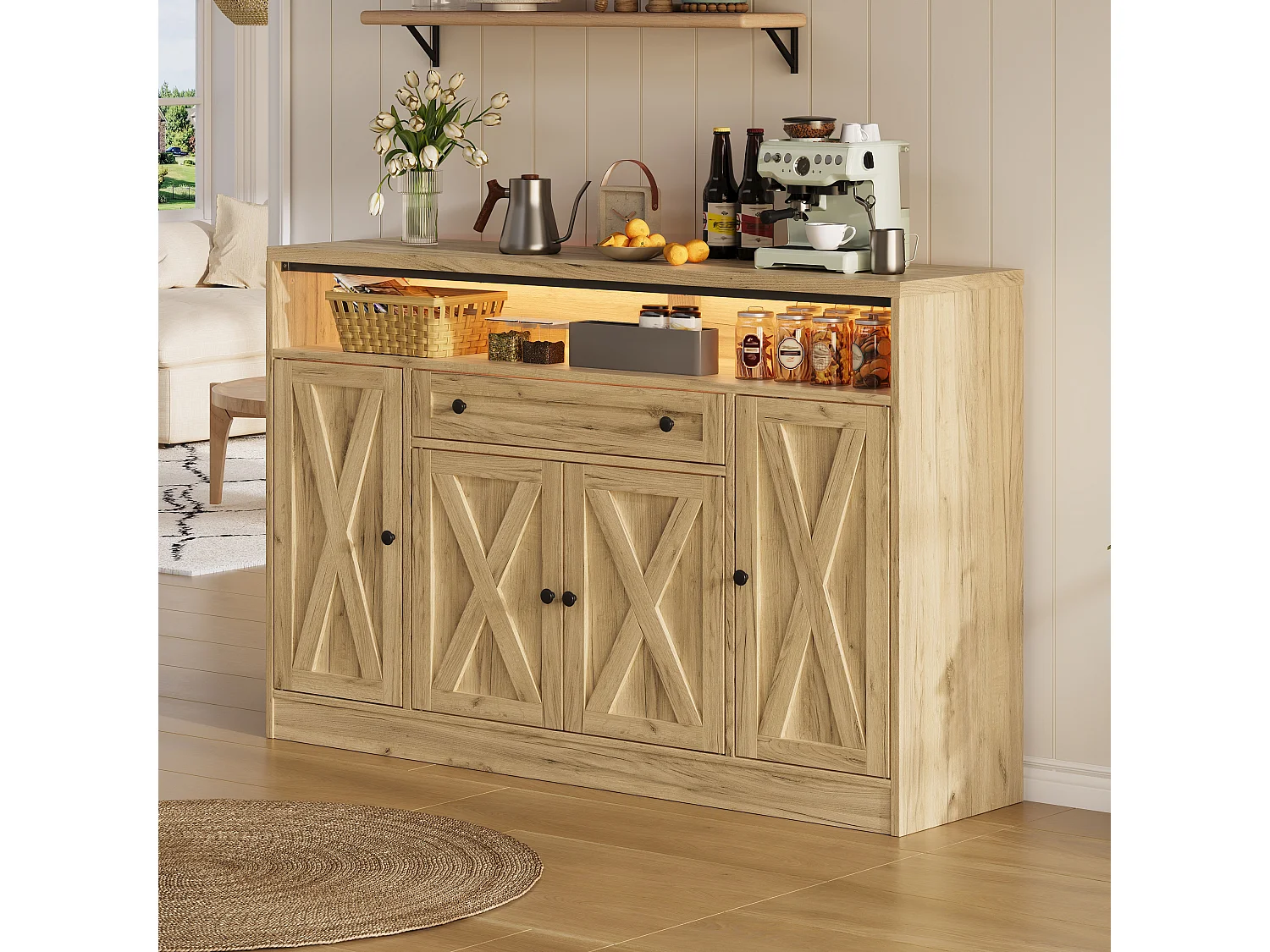 Buffet style grange 140x35x95cm - avec éclairage LED - avec 4 portes et 1 tiroir - étagères ouvertes - Naturel