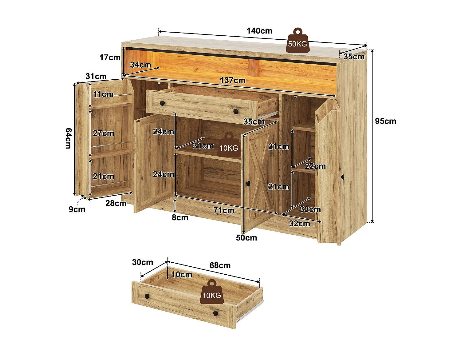 Buffet style grange 140x35x95cm - avec éclairage LED - avec 4 portes et 1 tiroir - étagères ouvertes - Naturel