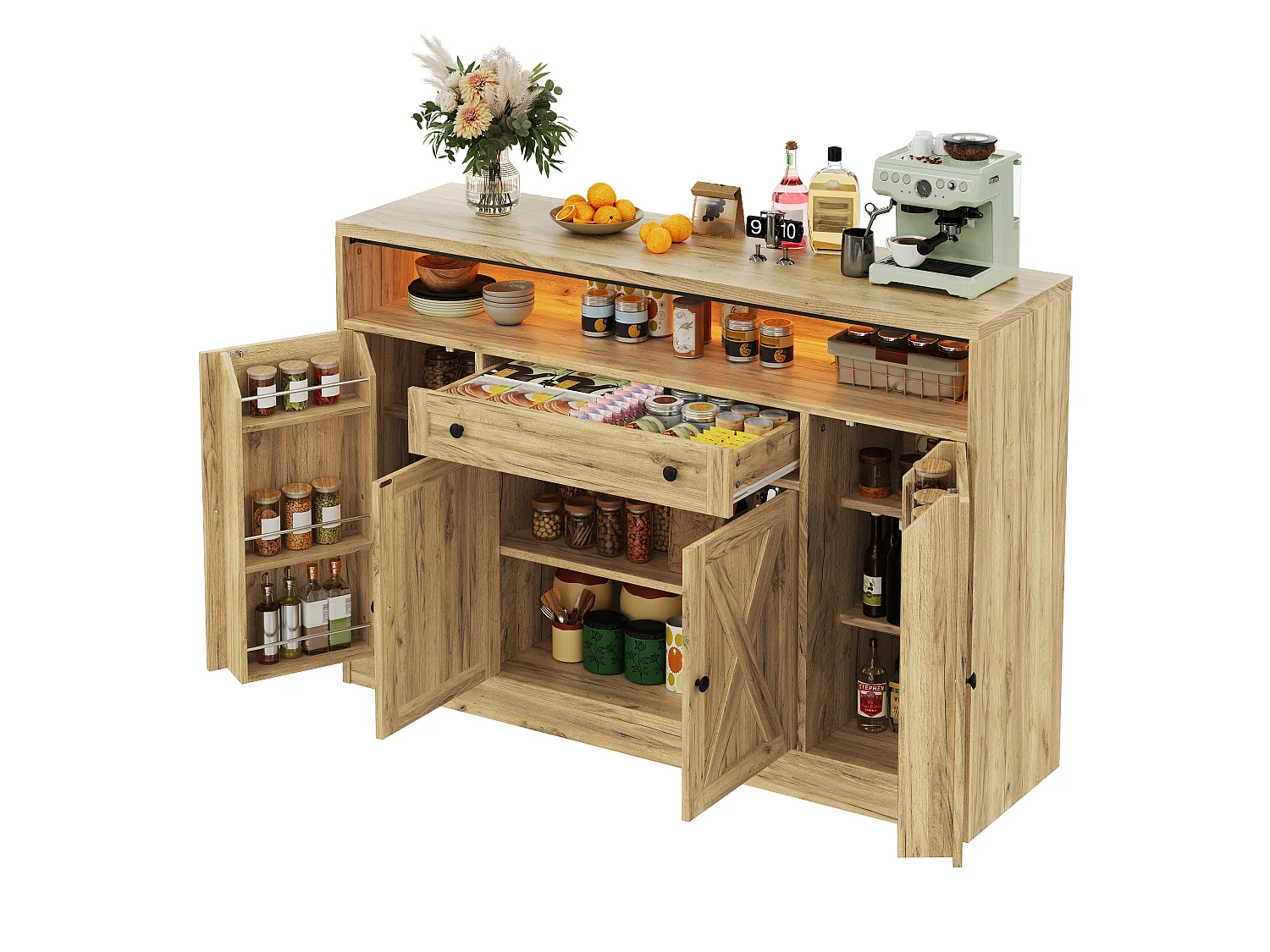 Buffet style grange 140x35x95cm - avec éclairage LED - avec 4 portes et 1 tiroir - étagères ouvertes - Naturel