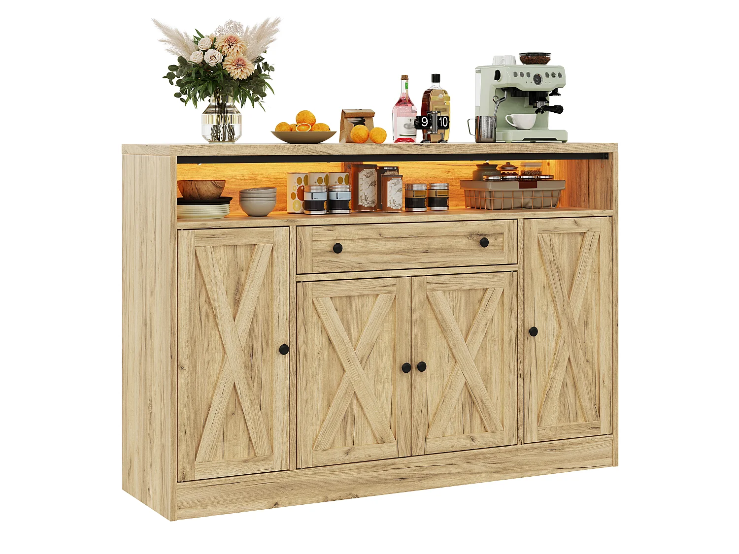 Buffet style grange 140x35x95cm - avec éclairage LED - avec 4 portes et 1 tiroir - étagères ouvertes - Naturel