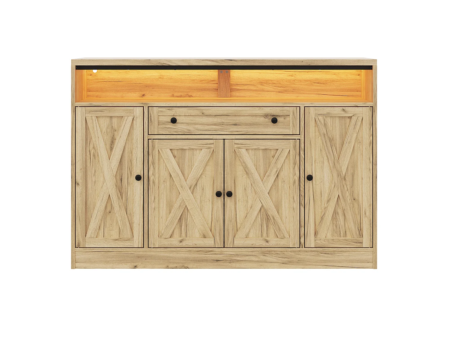 Buffet style grange 140x35x95cm - avec éclairage LED - avec 4 portes et 1 tiroir - étagères ouvertes - Naturel