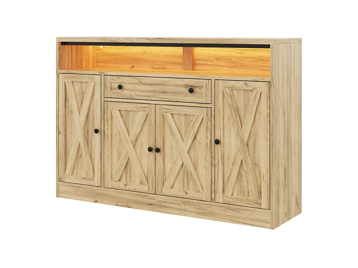 Buffet style grange 140x35x95cm - avec éclairage LED - avec 4 portes et 1 tiroir - étagères ouvertes - Naturel