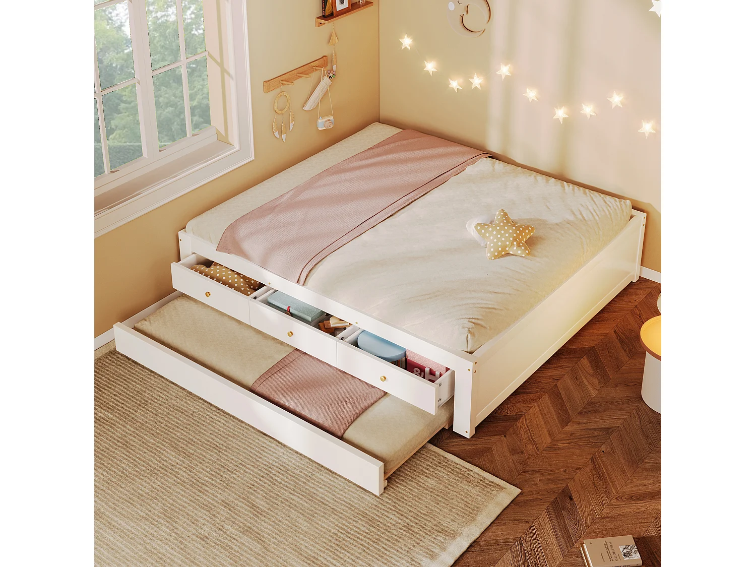 Double bed 140x200 cm - With trundle bed 90x190 cm and 3 drawers - Slatted bed base - MDF+Pine - White (without mattress)